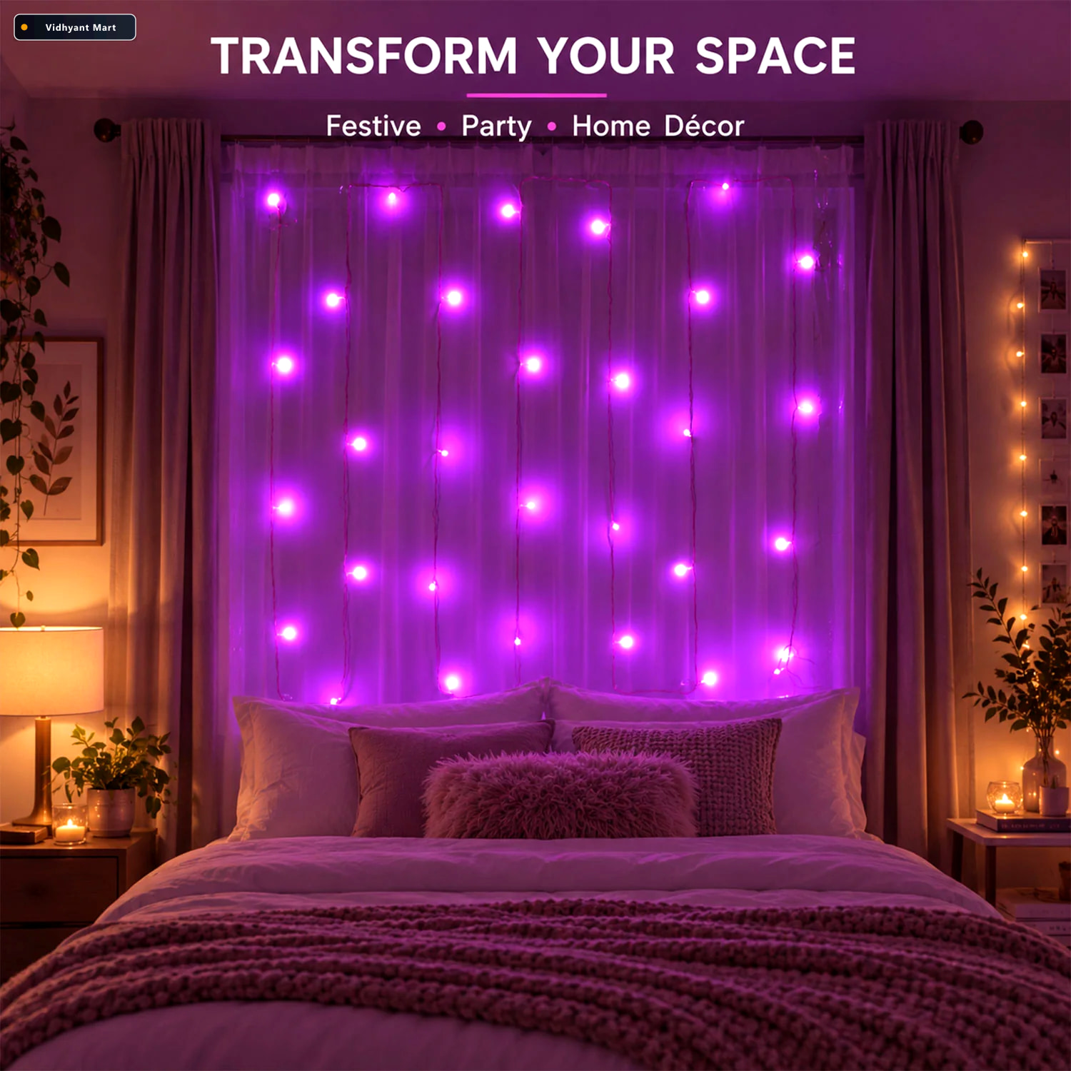 Vidhyant Mart Pink Wire Led Curtain String Light Series For Fest 3