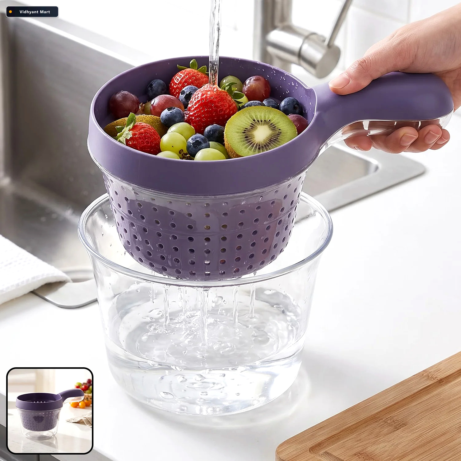 Vidhyant Mart Plastic Drain Basket With Handle And Catch Bowl Fo 1