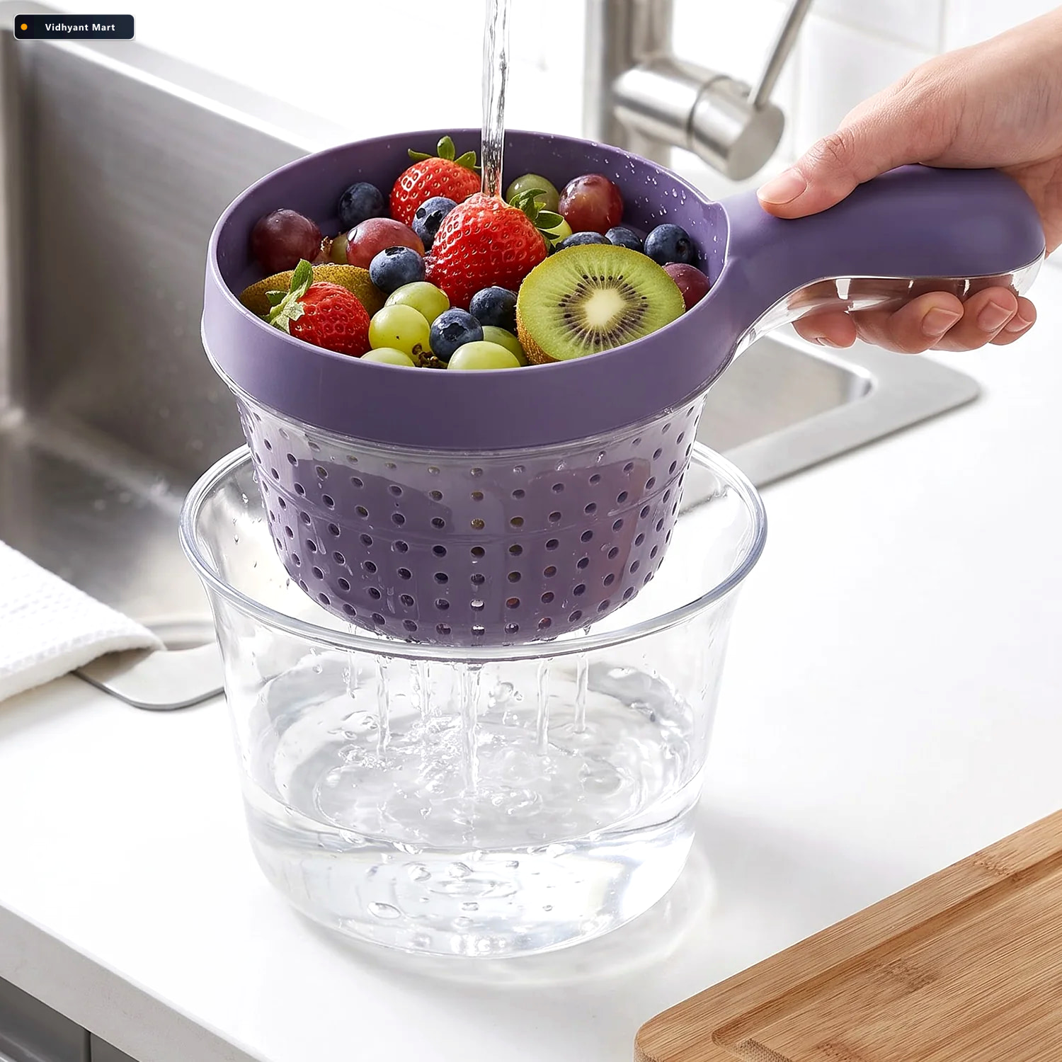 Vidhyant Mart Plastic Drain Basket With Handle And Catch Bowl Fo 2
