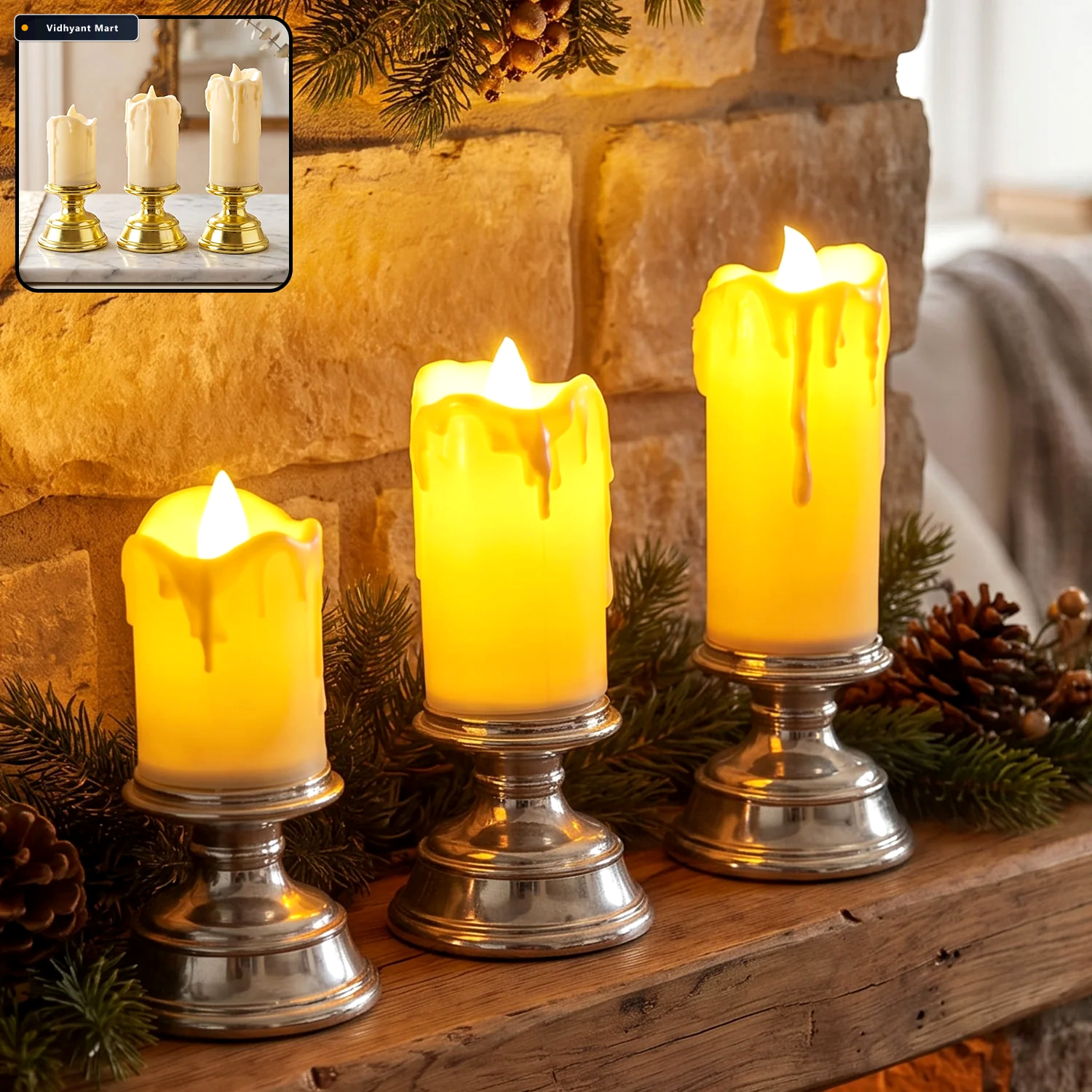 Vidhyant Mart Plastic Flameless Led Candle Set With Pedestal Sta 2