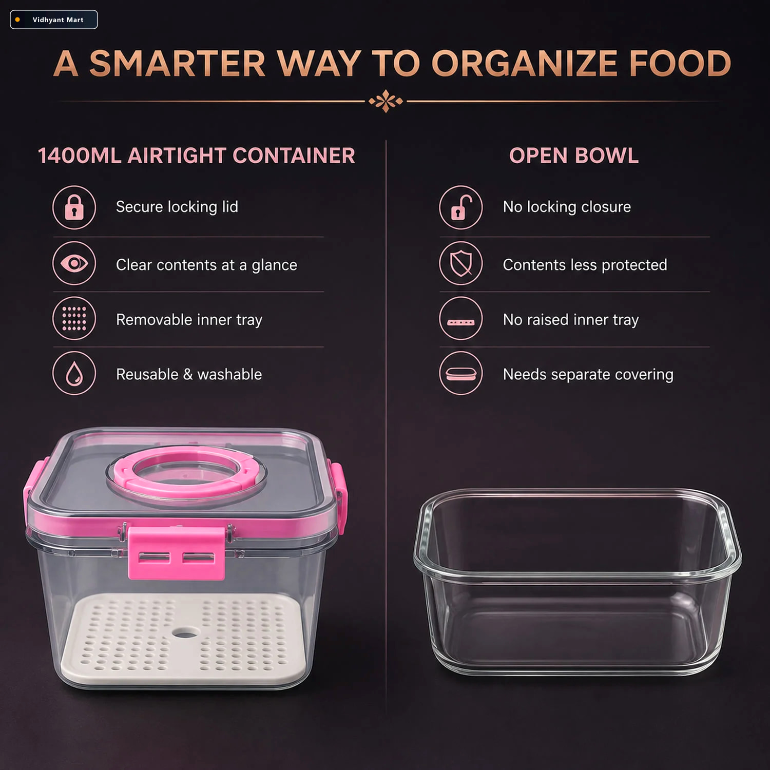 Vidhyant Mart Plastic Food Storage Container Clear Airtight 1400 2