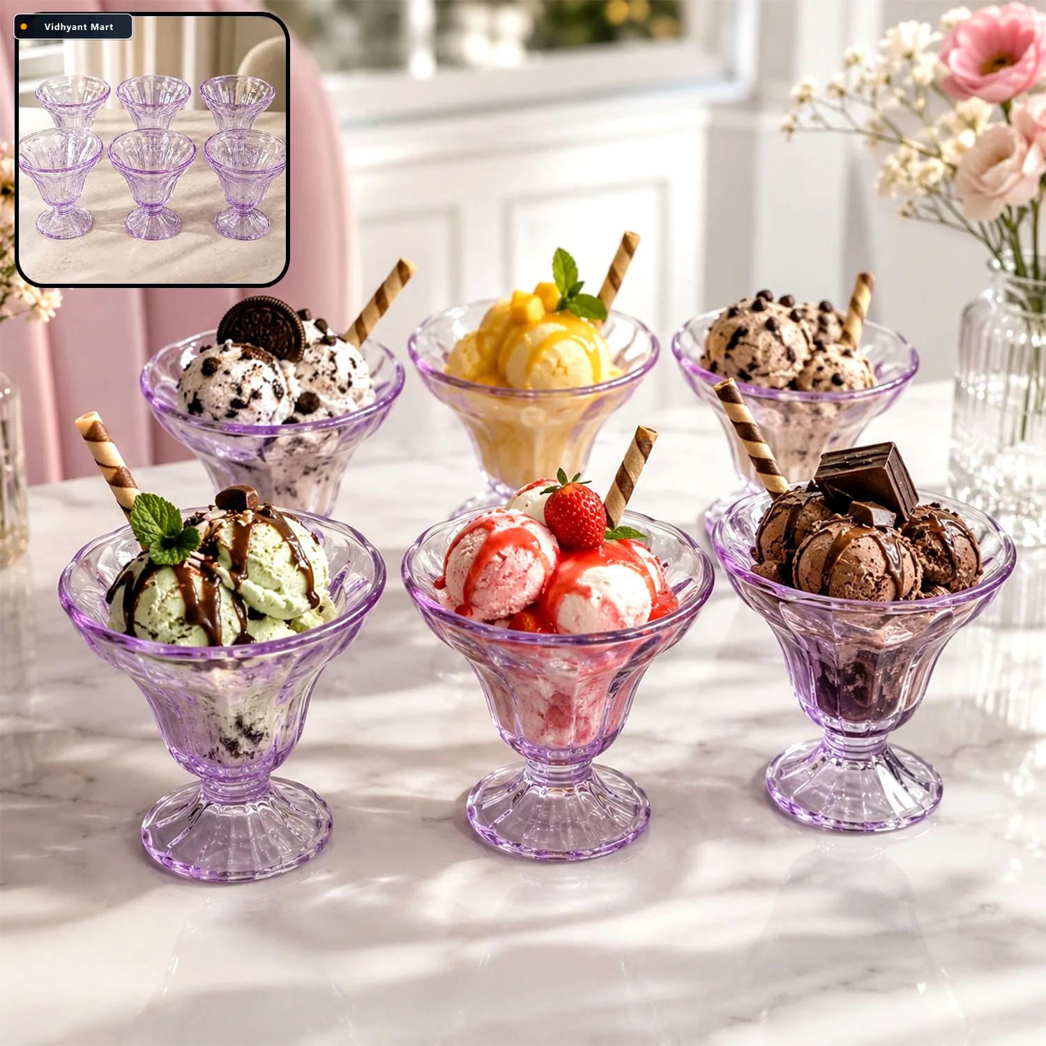 Vidhyant Mart Plastic Ice Cream Bowls Tulip Design Set Of 6 Serv 1
