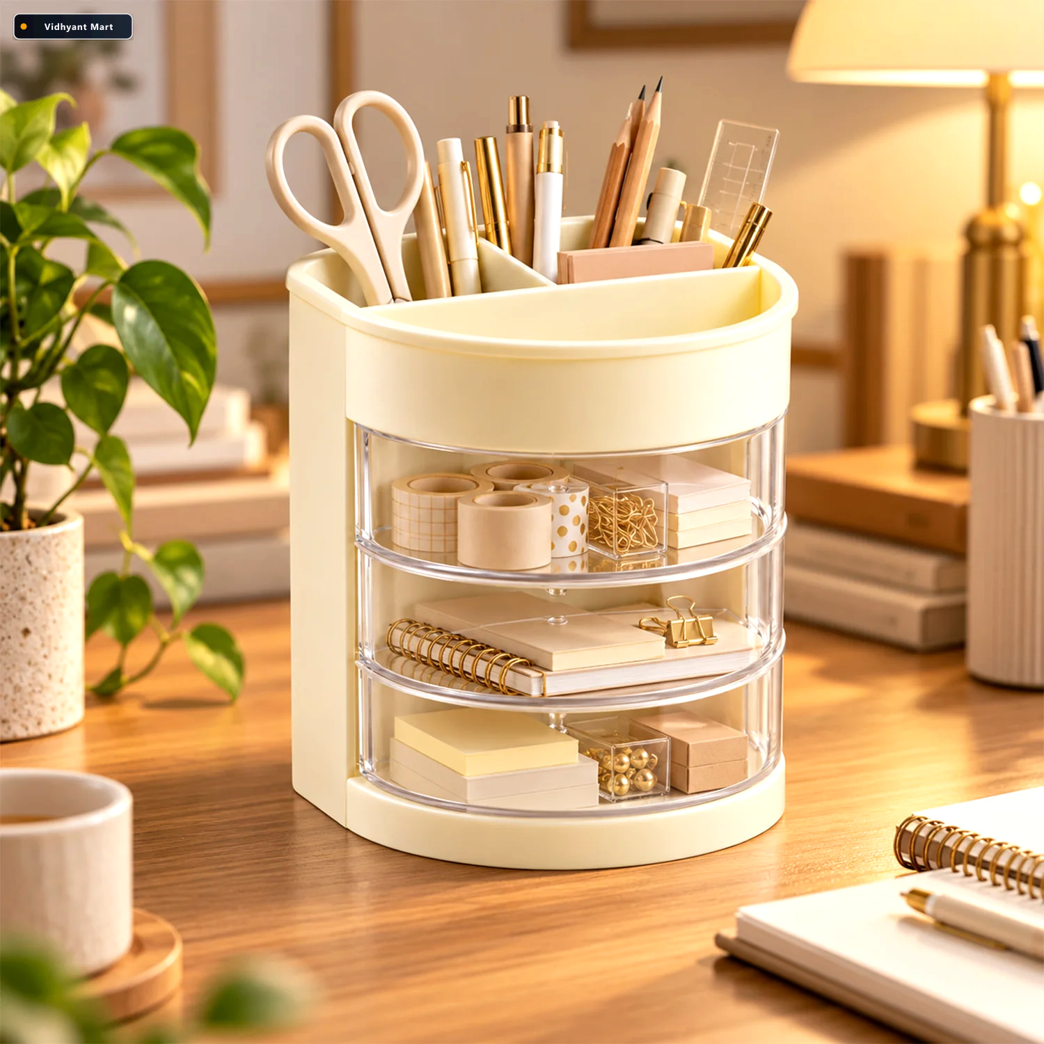 Vidhyant Mart Plastic Pen Holder With 6 Compartments And Clear D 3