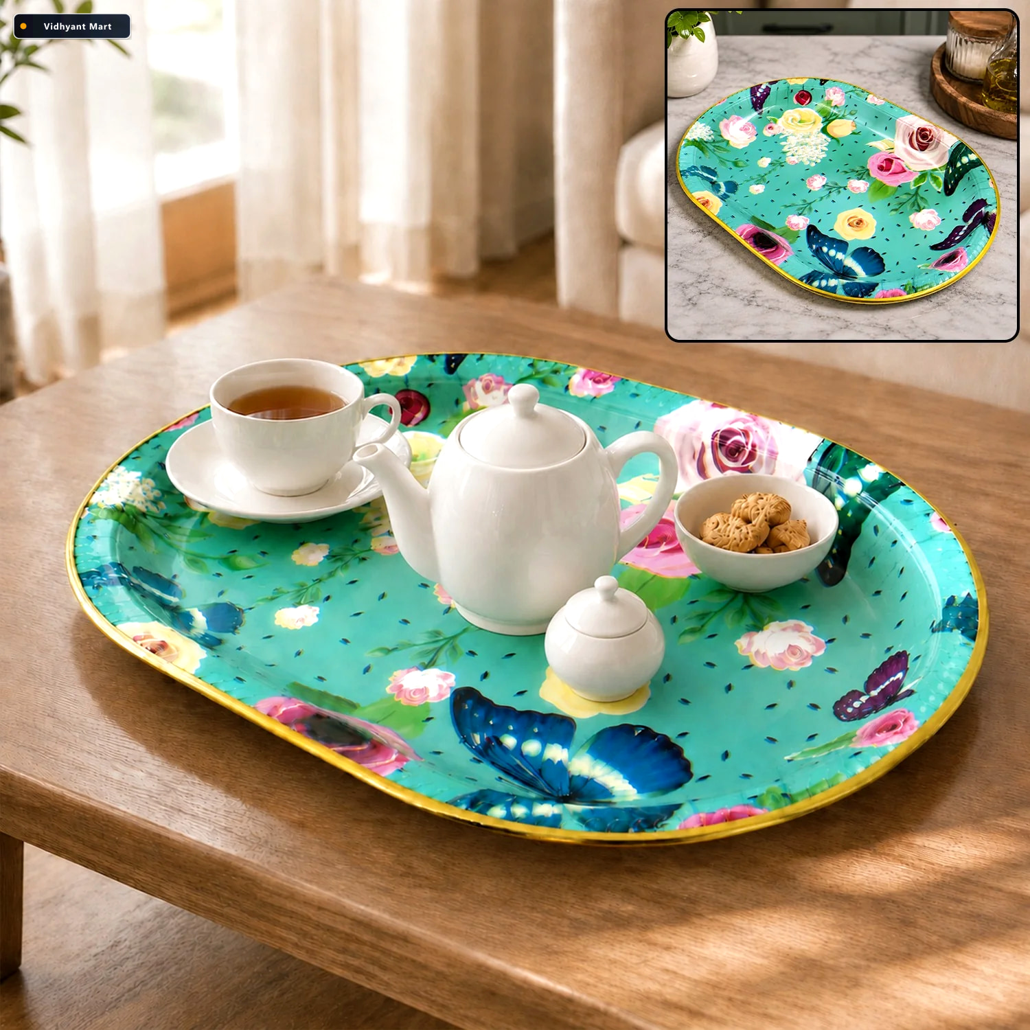 Vidhyant Mart Plastic Serving Tray Flower Print Design 35x24cm S 1
