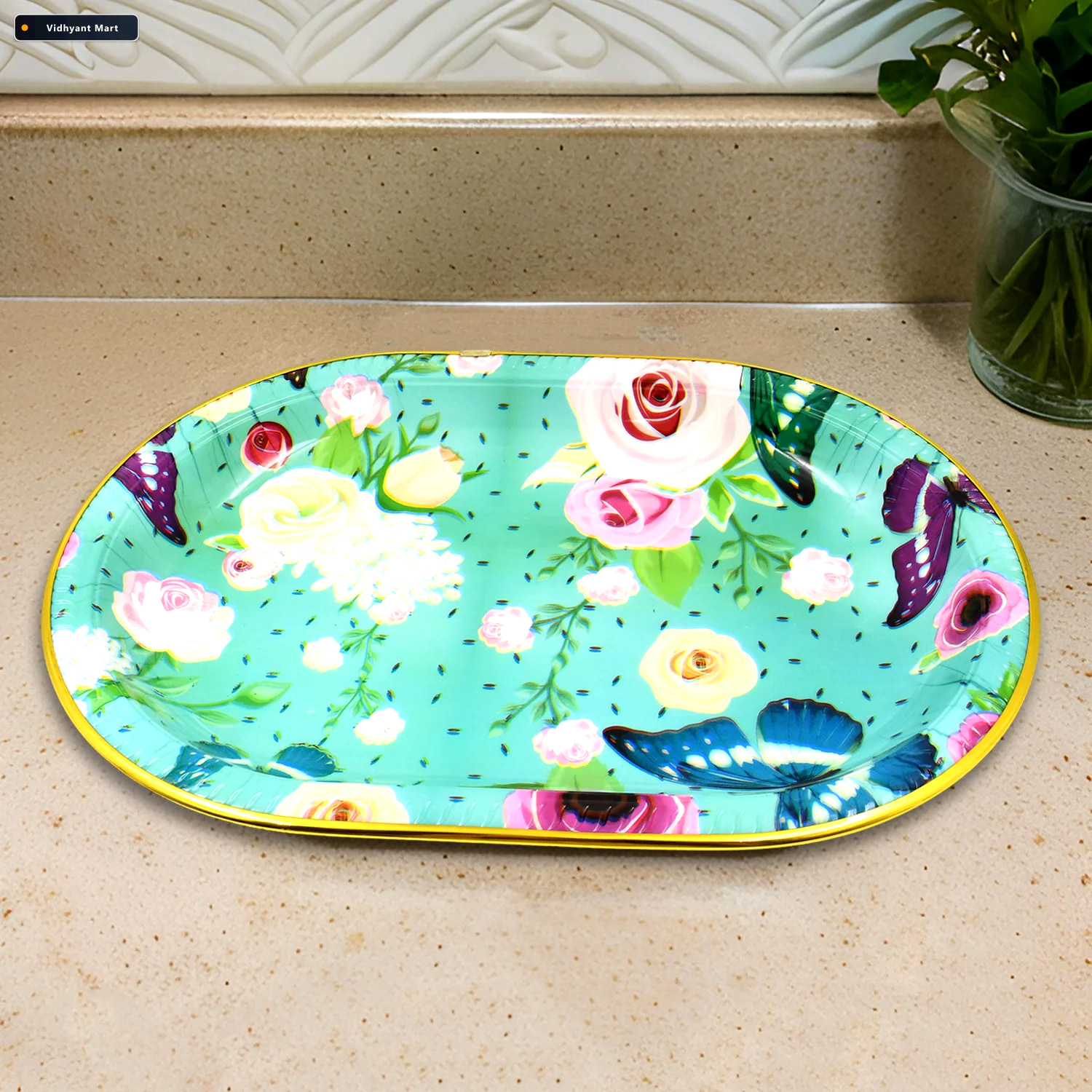 Vidhyant Mart Plastic Serving Tray Flower Print Design 35x24cm S 2
