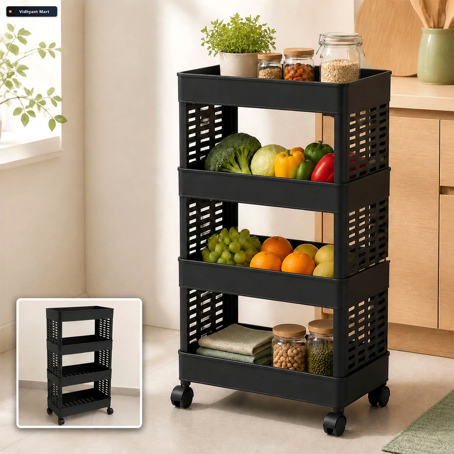Vidhyant Mart Plastic Storage Rack 4 Layer Utility Trolley With 1