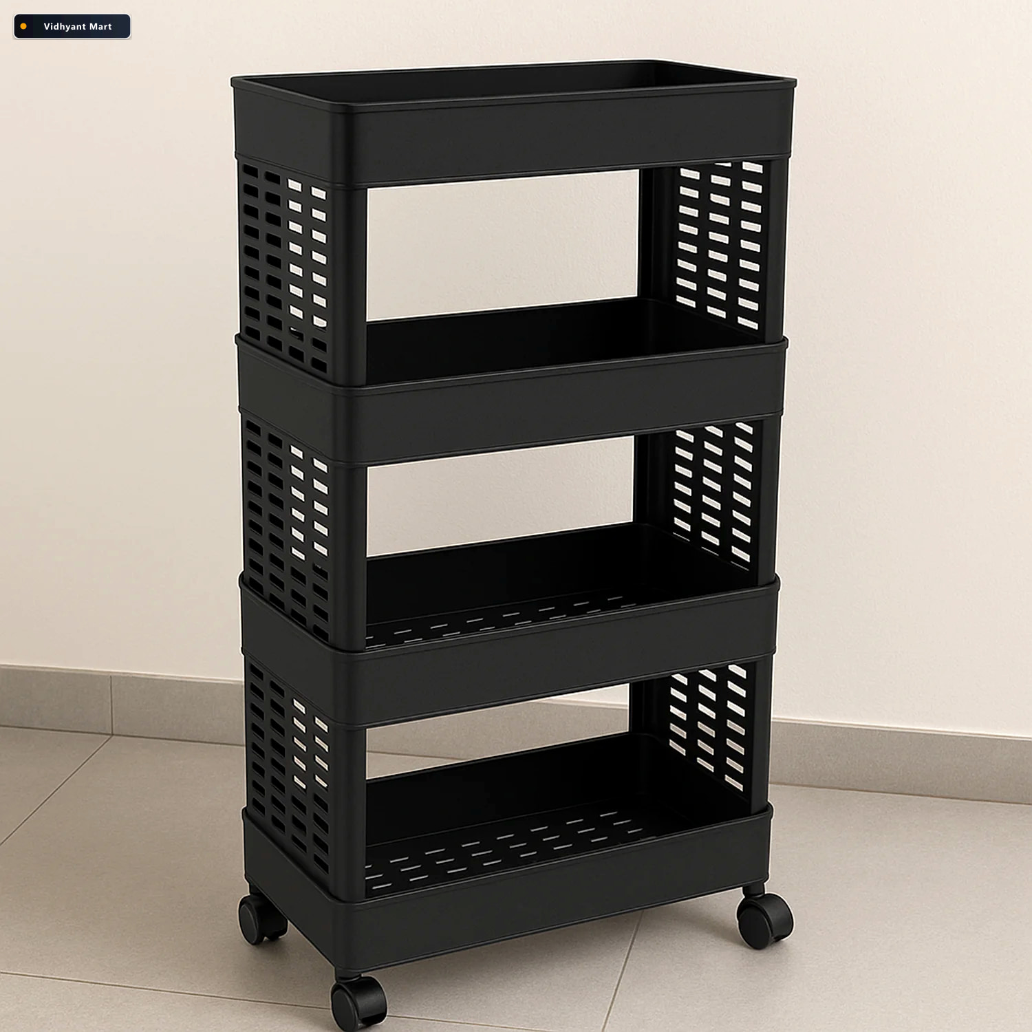 Vidhyant Mart Plastic Storage Rack 4 Layer Utility Trolley With 2