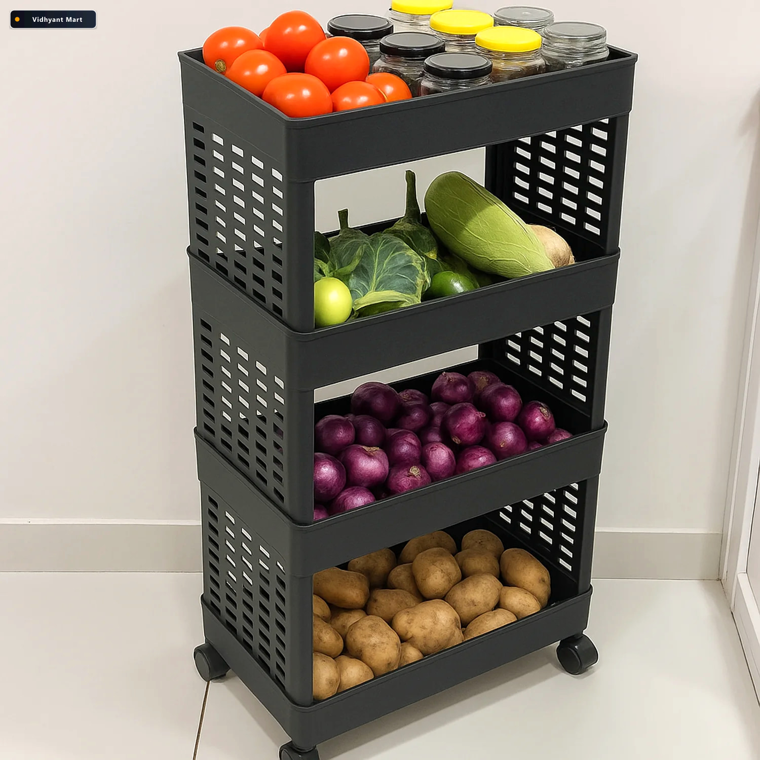 Vidhyant Mart Plastic Storage Rack 4 Layer Utility Trolley With 3