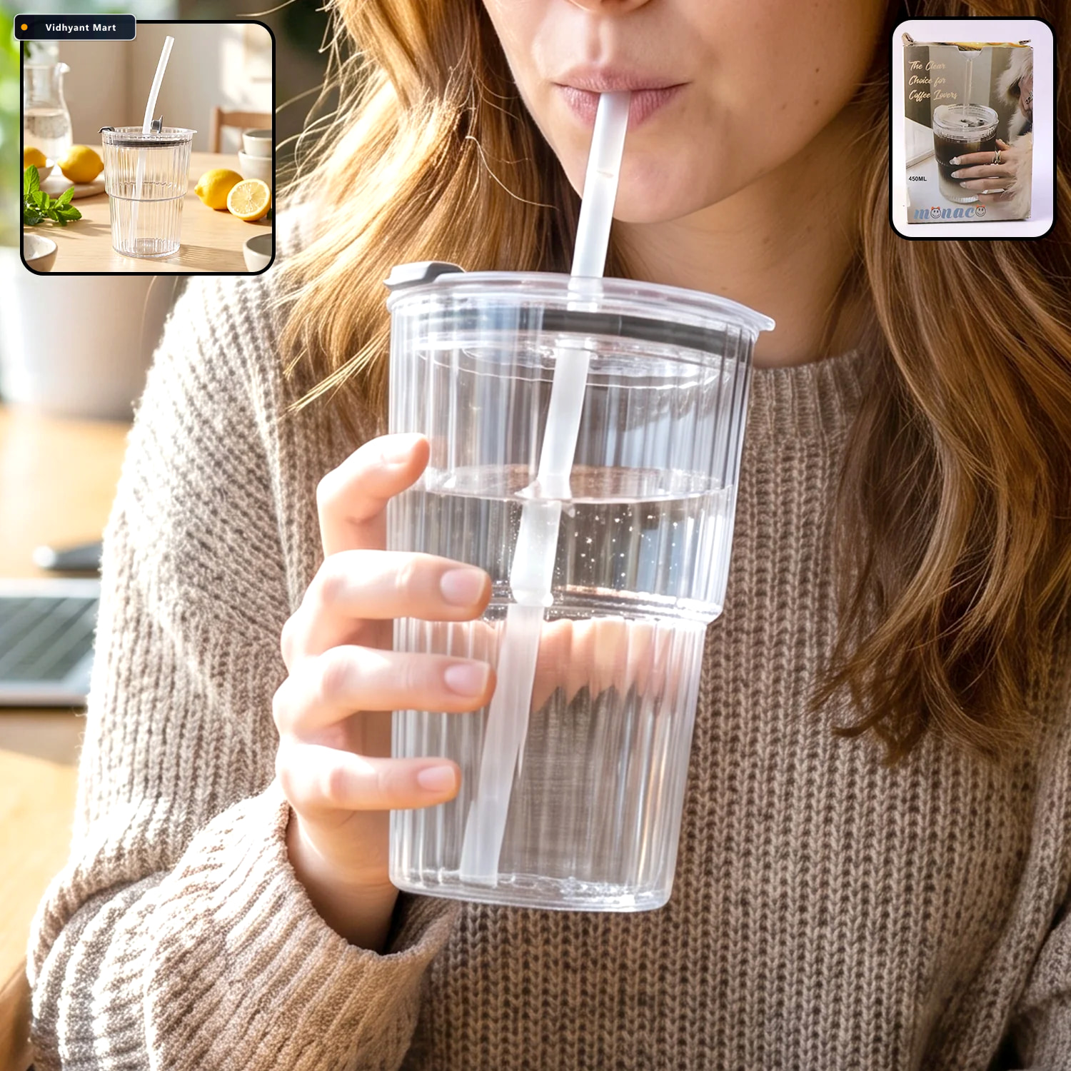Vidhyant Mart Plastic Tumbler With Lid 450ml Reusable Clear Leak 1