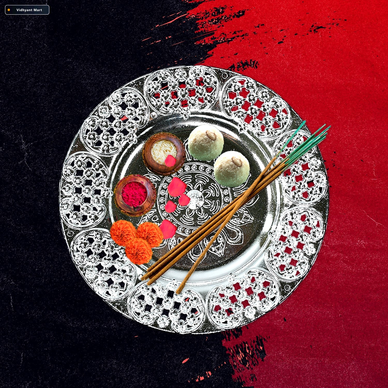 Vidhyant Mart Pooja Thali Set 8 Inch Plastic Silver Color For Fe 1