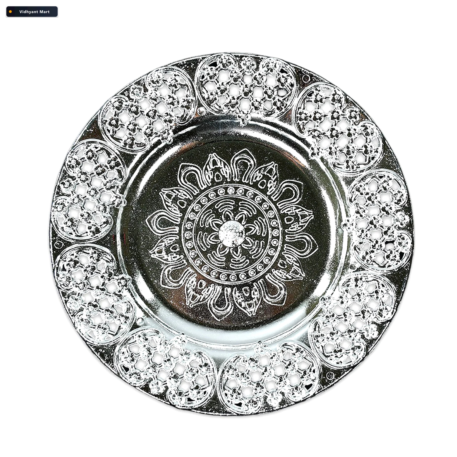 Vidhyant Mart Pooja Thali Set 8 Inch Plastic Silver Color For Fe 2