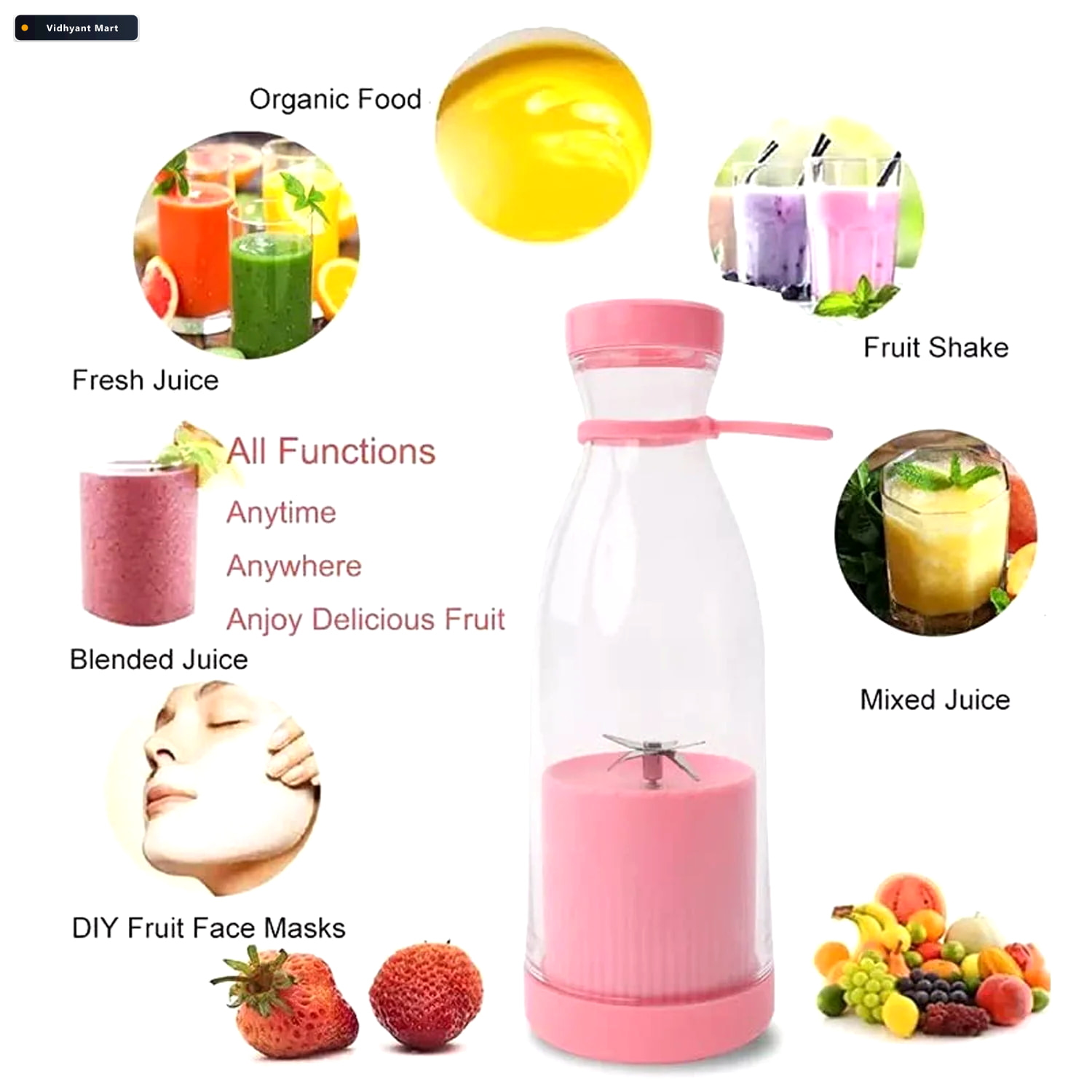 Vidhyant Mart Portable Juicer Blender 420ml Smoothie Maker With 2