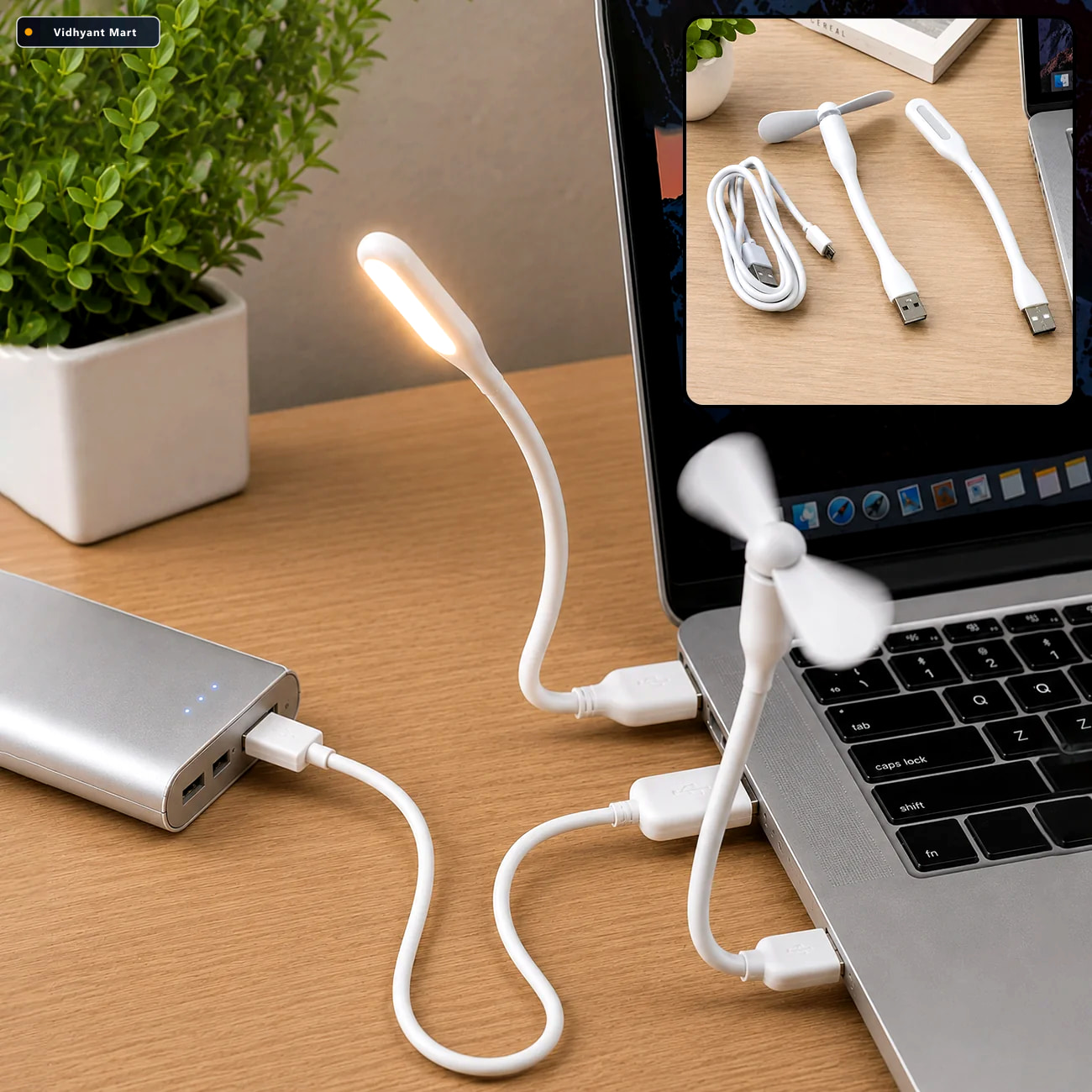 Vidhyant Mart Portable Usb Fan Set Mini Fan Led Light Cable Indo 1
