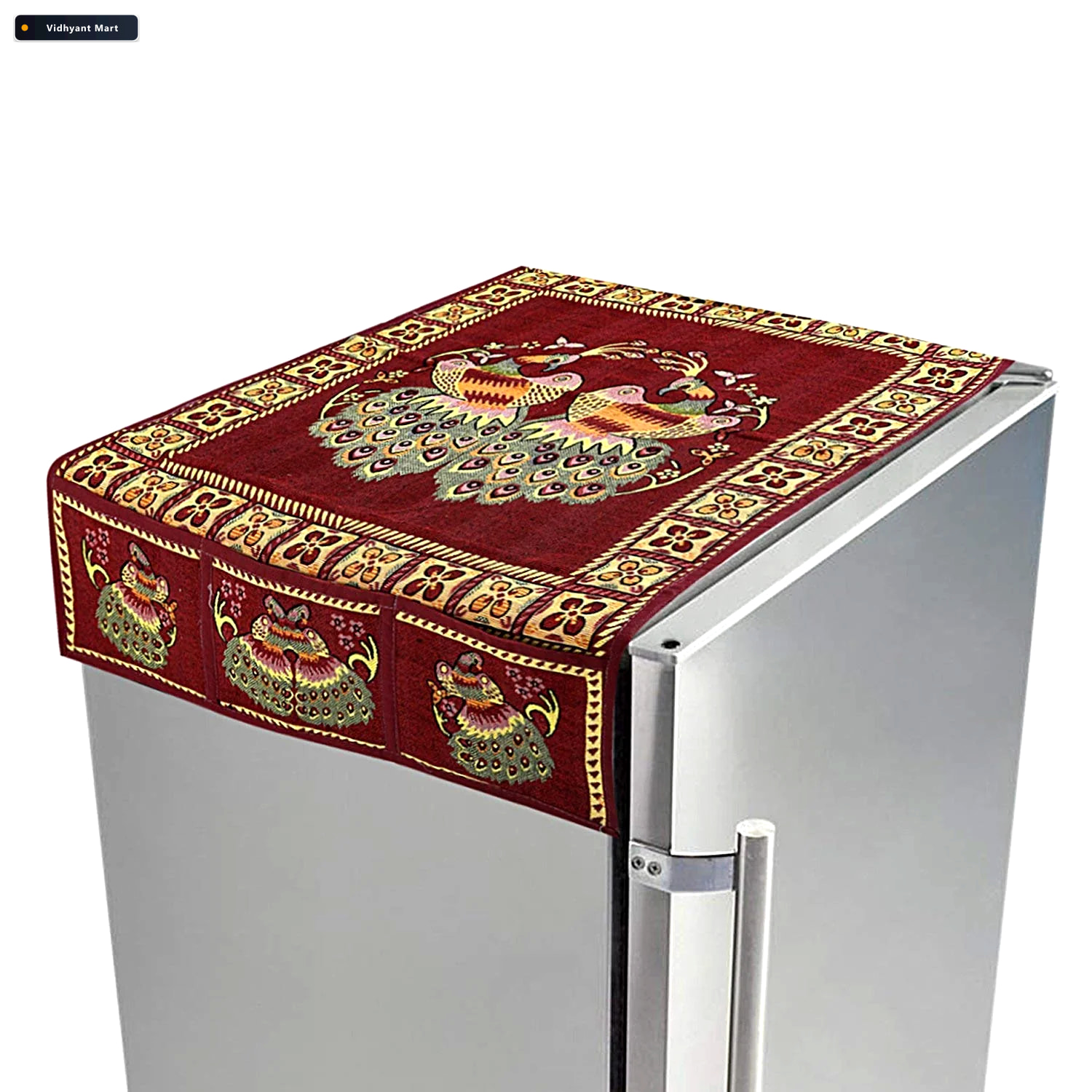 Vidhyant Mart Premium Cotton Fridge Top Cover Peacock Design Wit 1