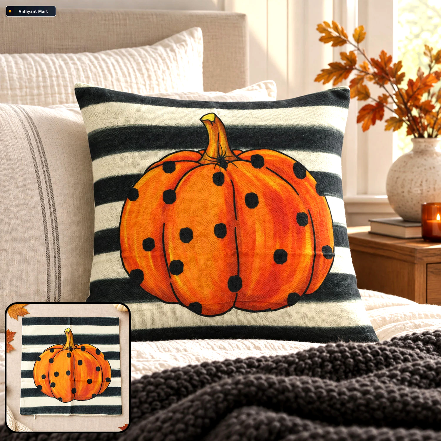 Vidhyant Mart Pumpkin Print Woven Fabric Pillow Cover With Hidde 1
