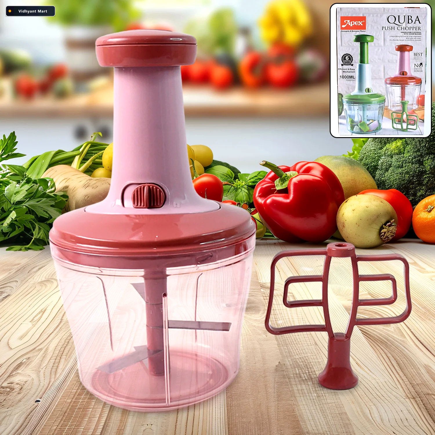 Vidhyant Mart Push Chopper 1000ml Sharp Stainless Steel Blades E 1