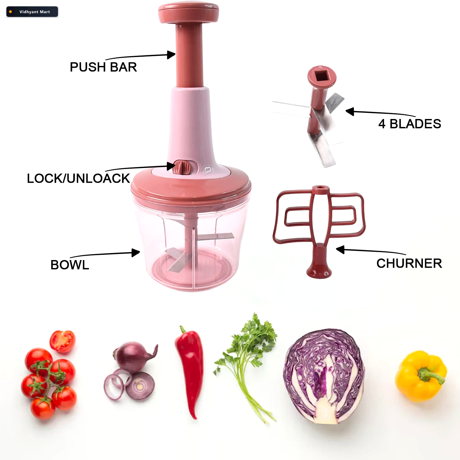 Vidhyant Mart Push Chopper 1000ml Sharp Stainless Steel Blades E 2