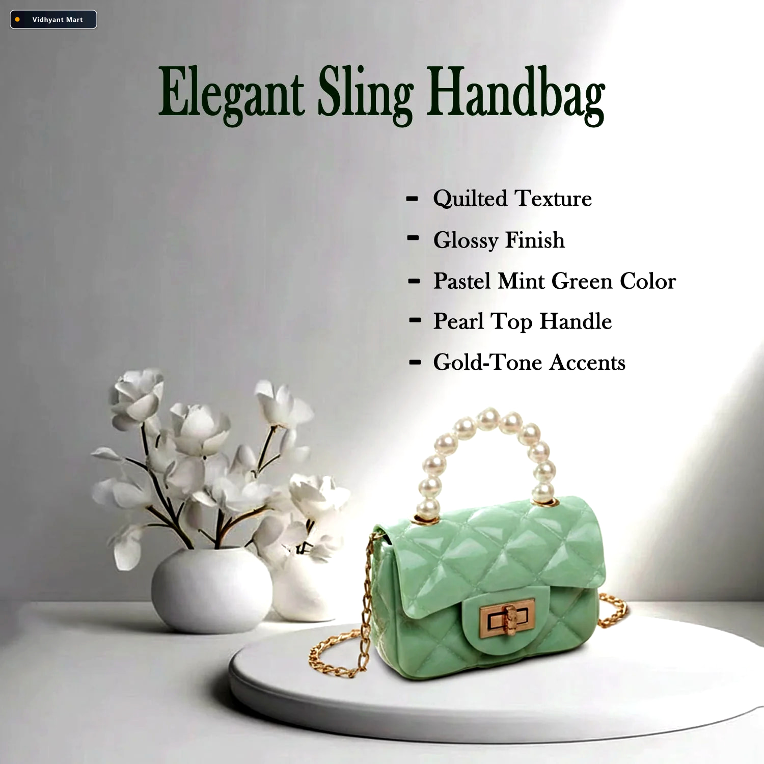 Vidhyant Mart Quilted Mini Handbag Elegant Pearl Handle Chain St 3