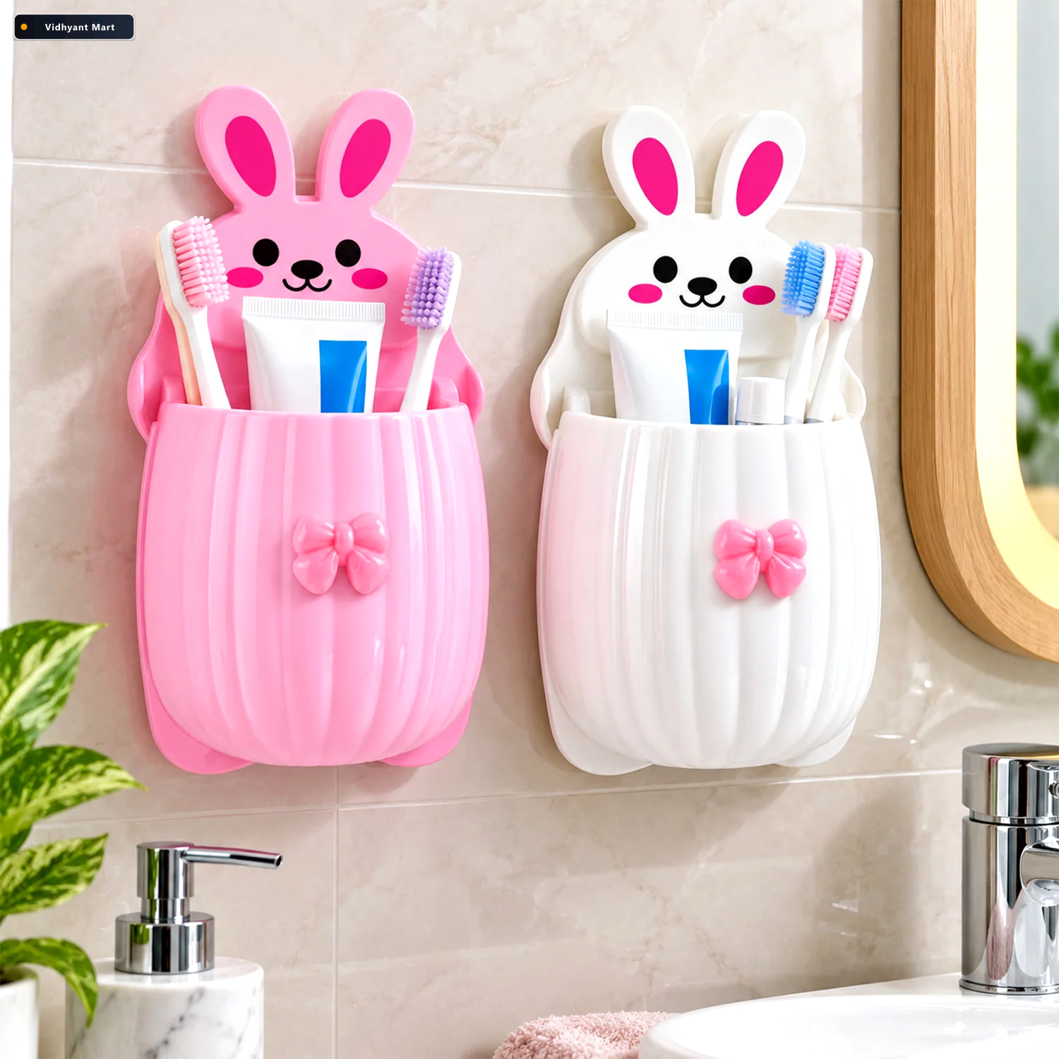 Vidhyant Mart Rabbit Design Wall Mounted Toothbrush Holder Set F 1