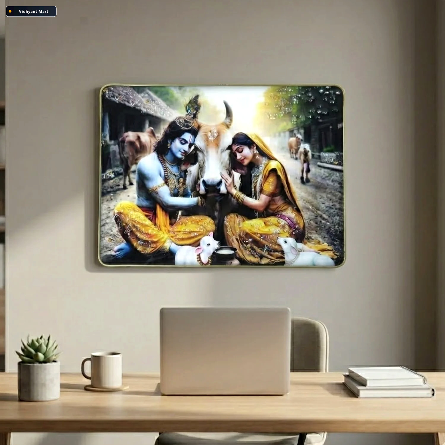 Vidhyant Mart Radha Krishna Village Scene Wall Frame Peaceful El 2
