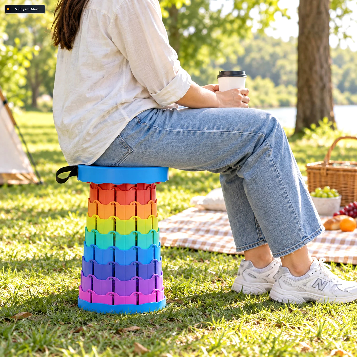 Vidhyant Mart Rainbow Telescopic Folding Stool With Carry Strap 1