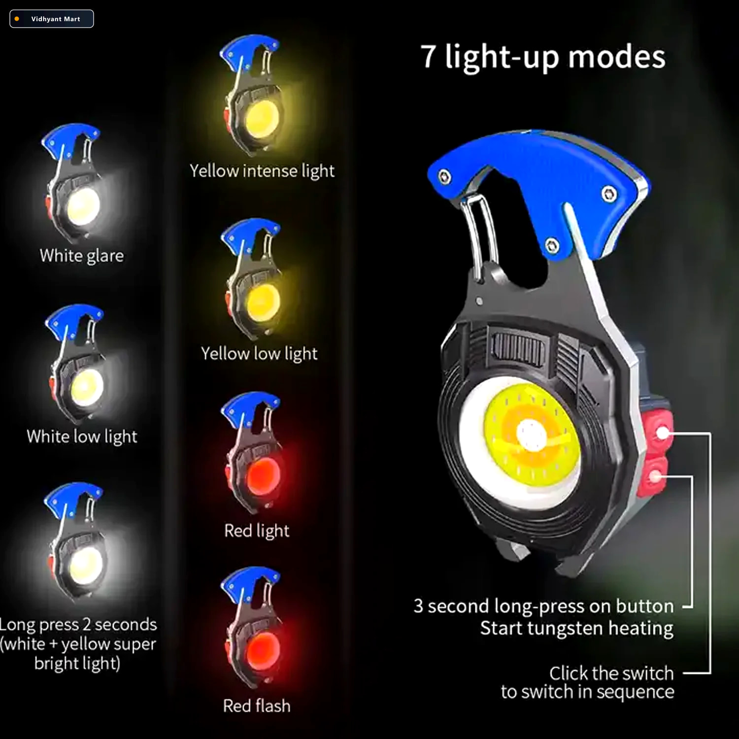 Vidhyant Mart Rechargeable Led Keychain Flashlight 6 Modes Super 3