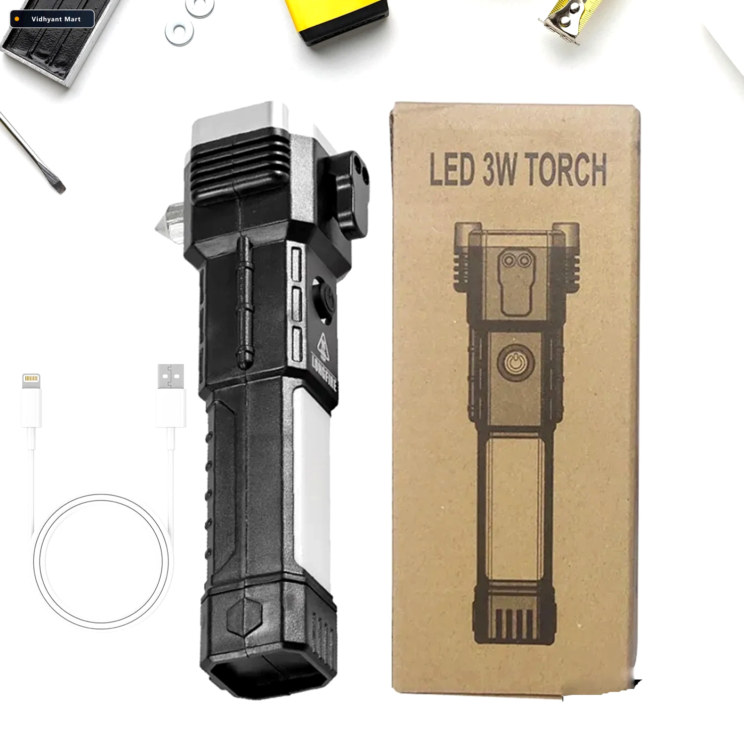 Vidhyant Mart Rechargeable Led Torch Emergency Hammer Glass Cutt 2
