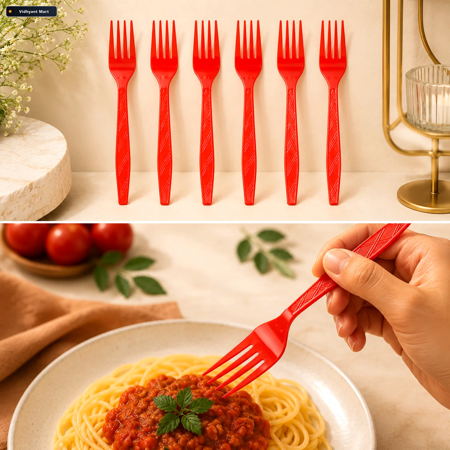 Vidhyant Mart Red Disposable Plastic Forks Durable Reusable 8 Pa 1