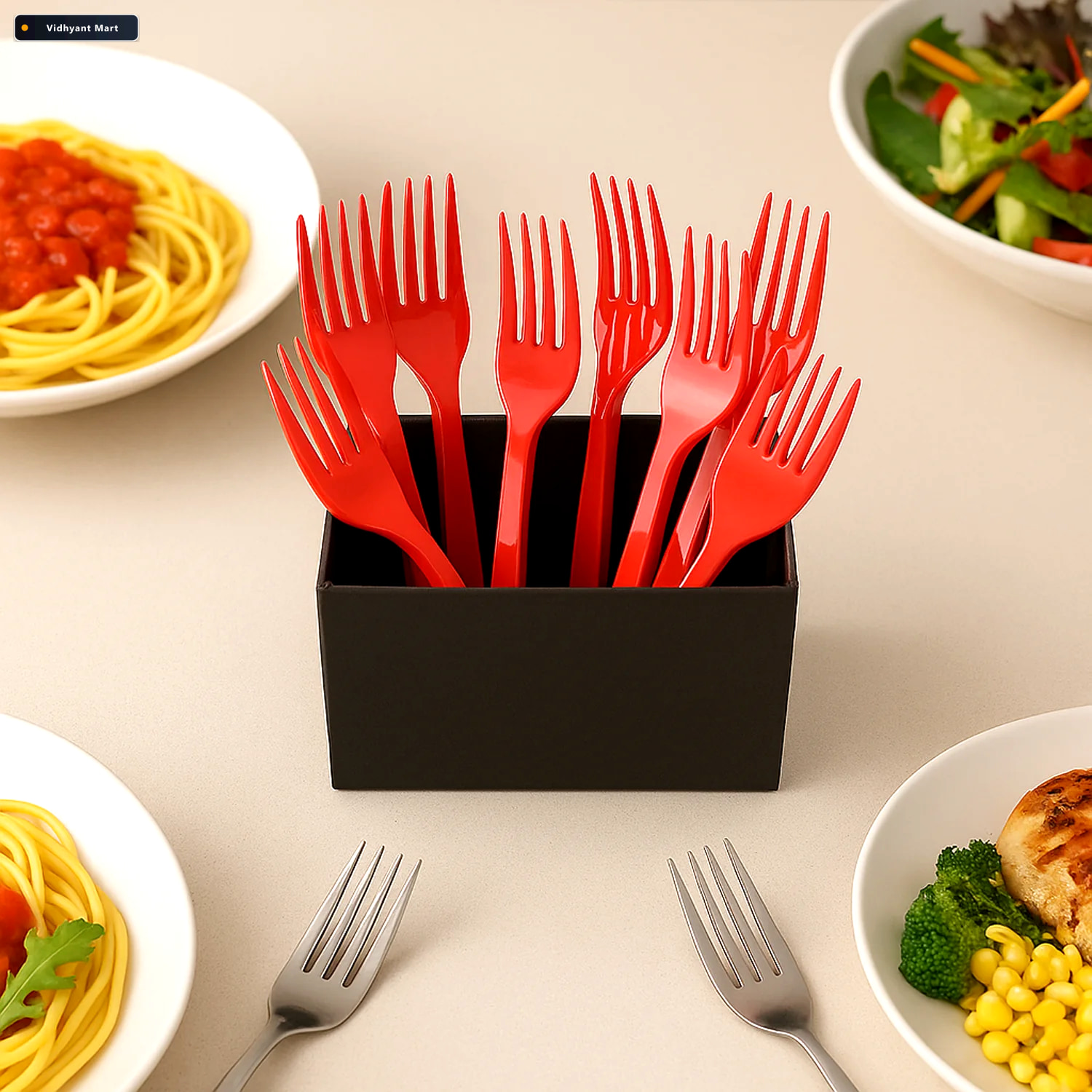 Vidhyant Mart Red Disposable Plastic Forks Durable Reusable 8 Pa 2