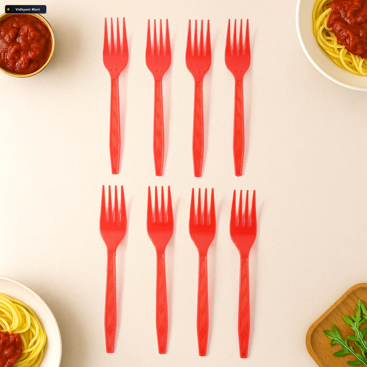 Vidhyant Mart Red Disposable Plastic Forks Durable Reusable 8 Pa 3