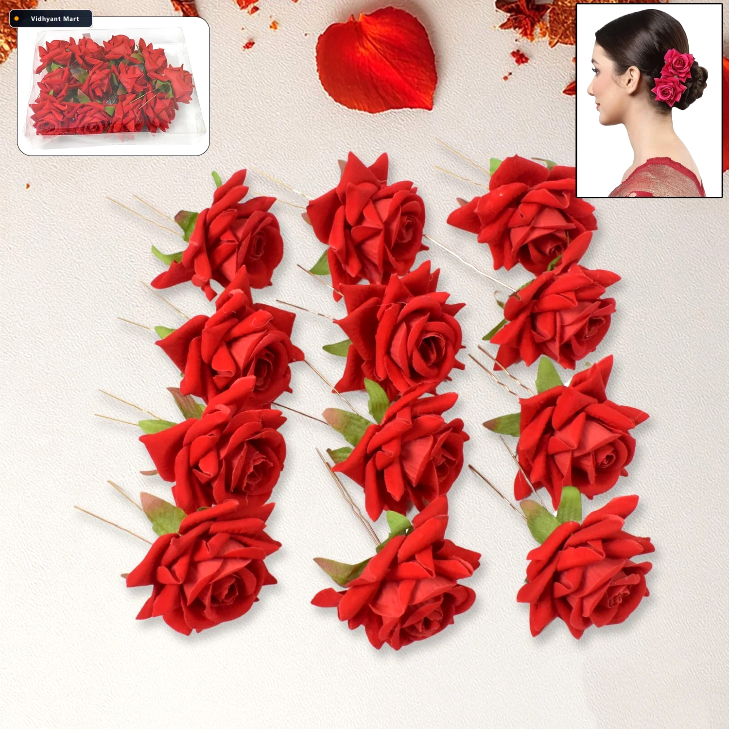 Vidhyant Mart Red Rose Hair Clip 12 Pc Bridal Flower Pins For Wo 2
