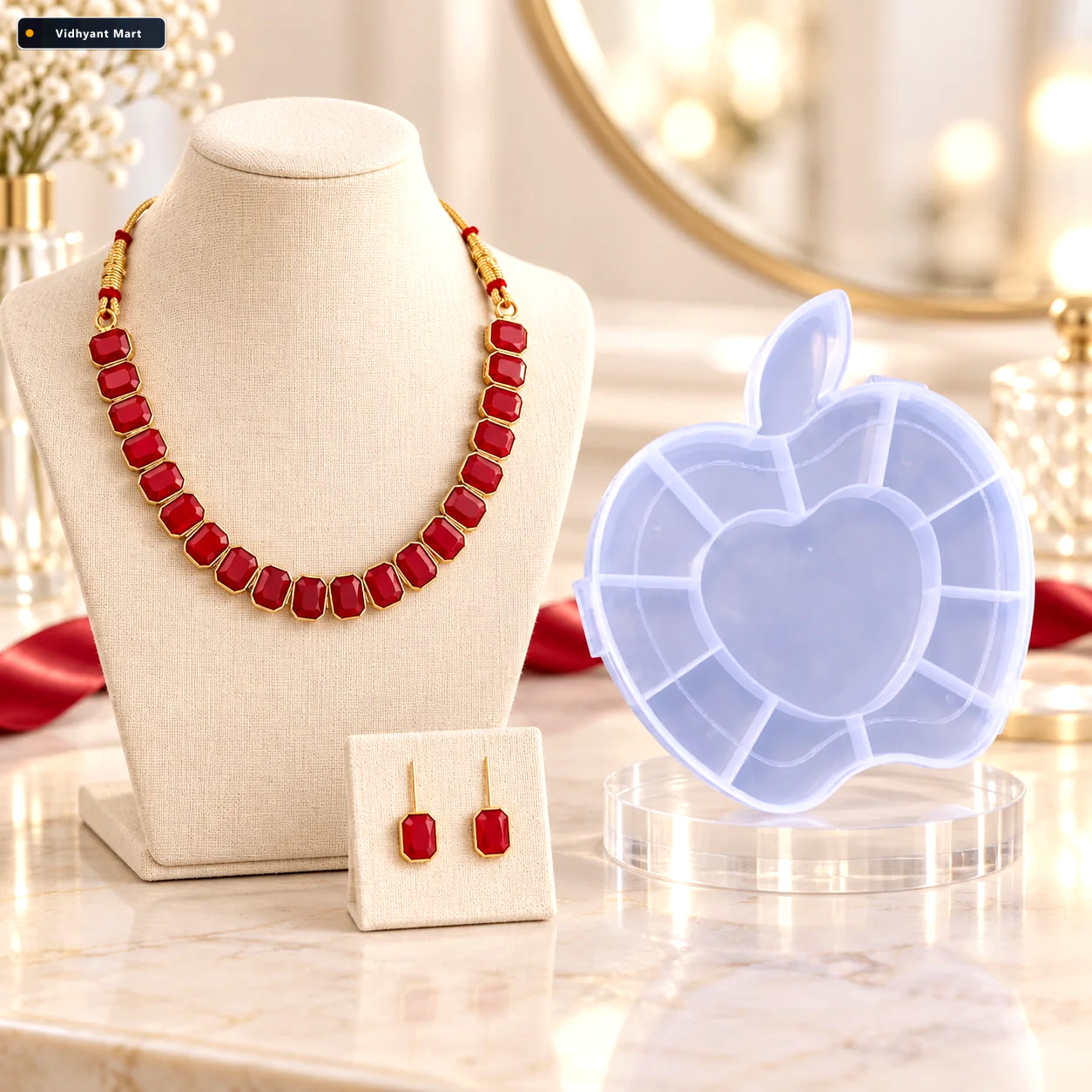 Vidhyant Mart Red Stone Necklace Earring Set With Apple Shape Je 1