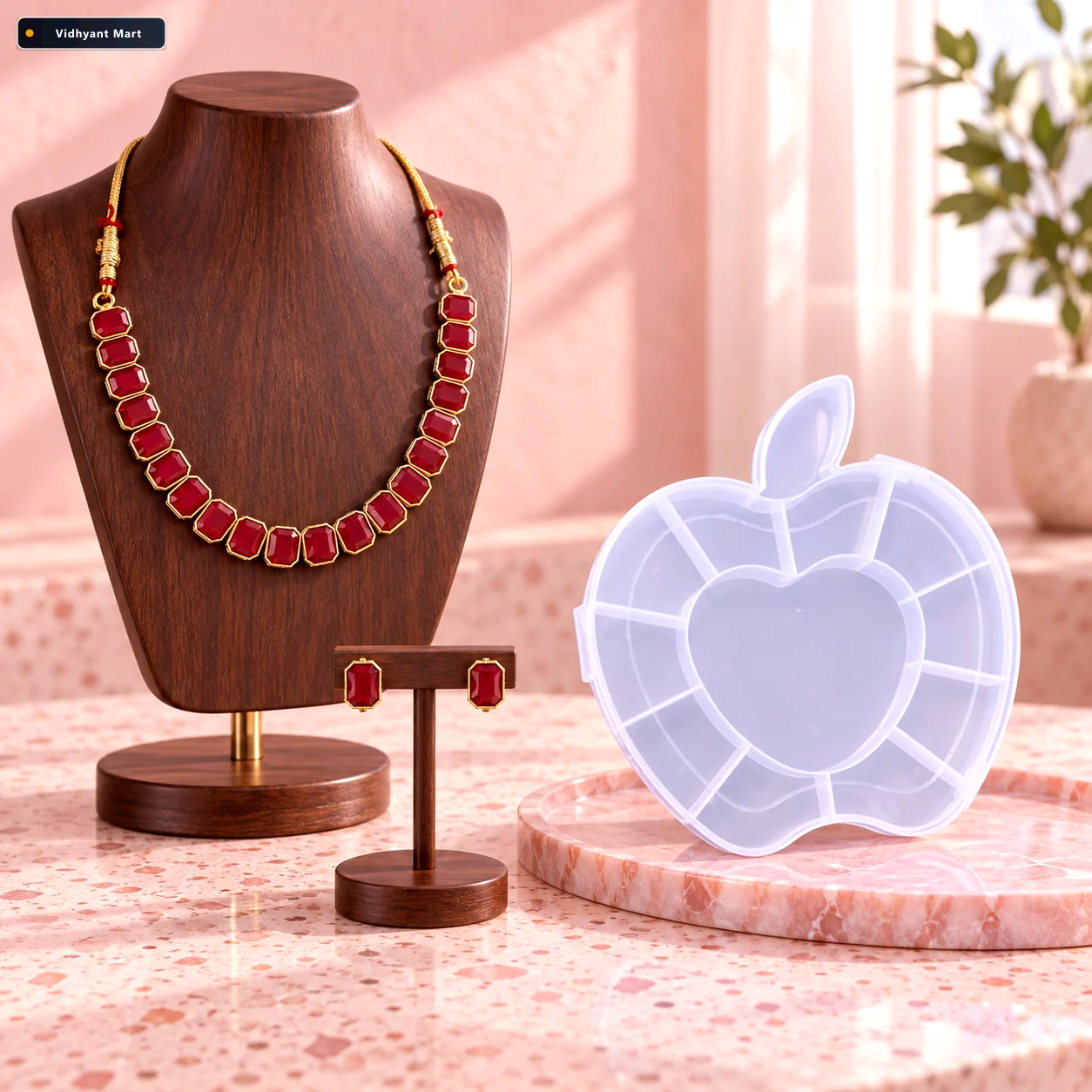 Vidhyant Mart Red Stone Necklace Earring Set With Apple Shape Je 2