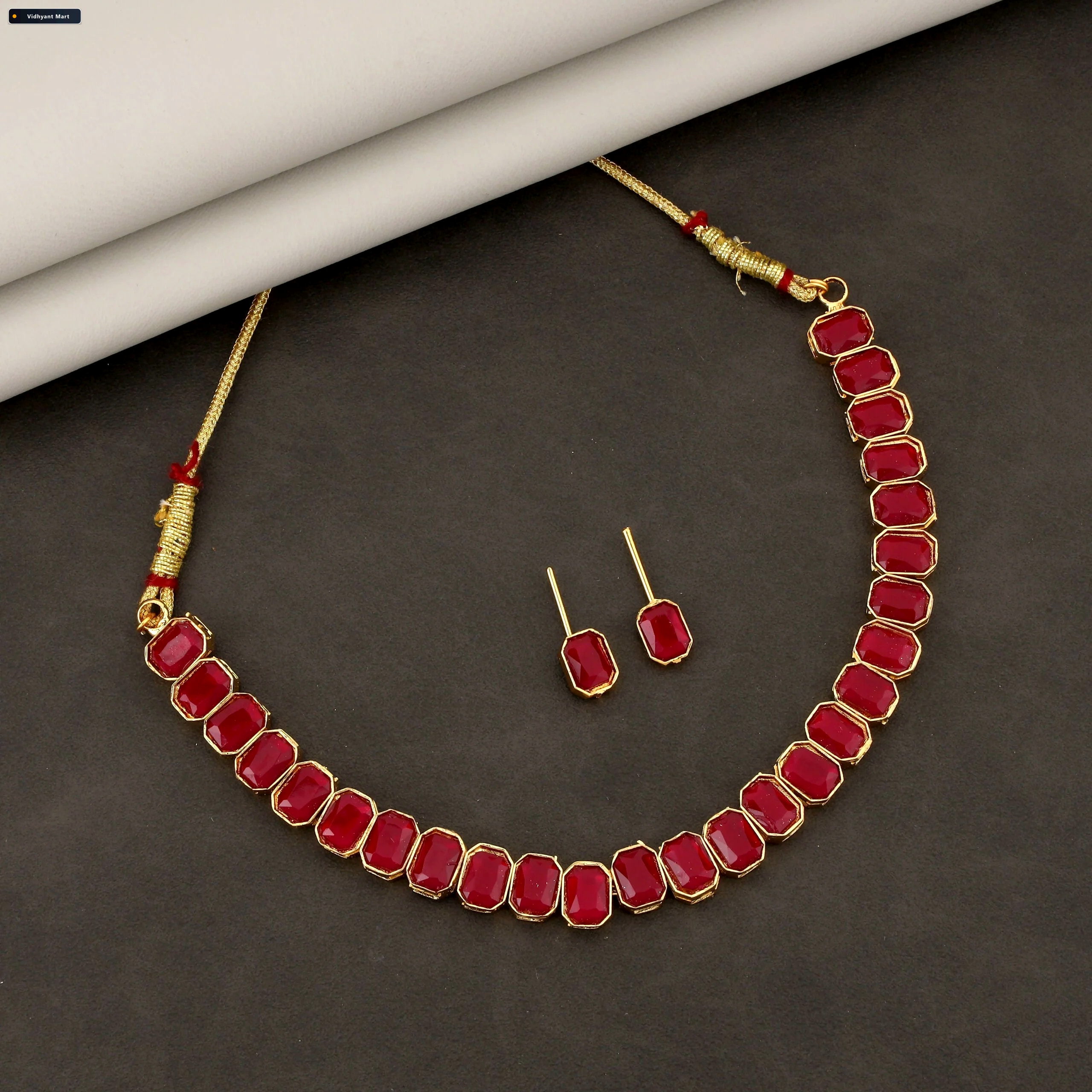 Vidhyant Mart Red Stone Necklace Earring Set With Apple Shape Je 4