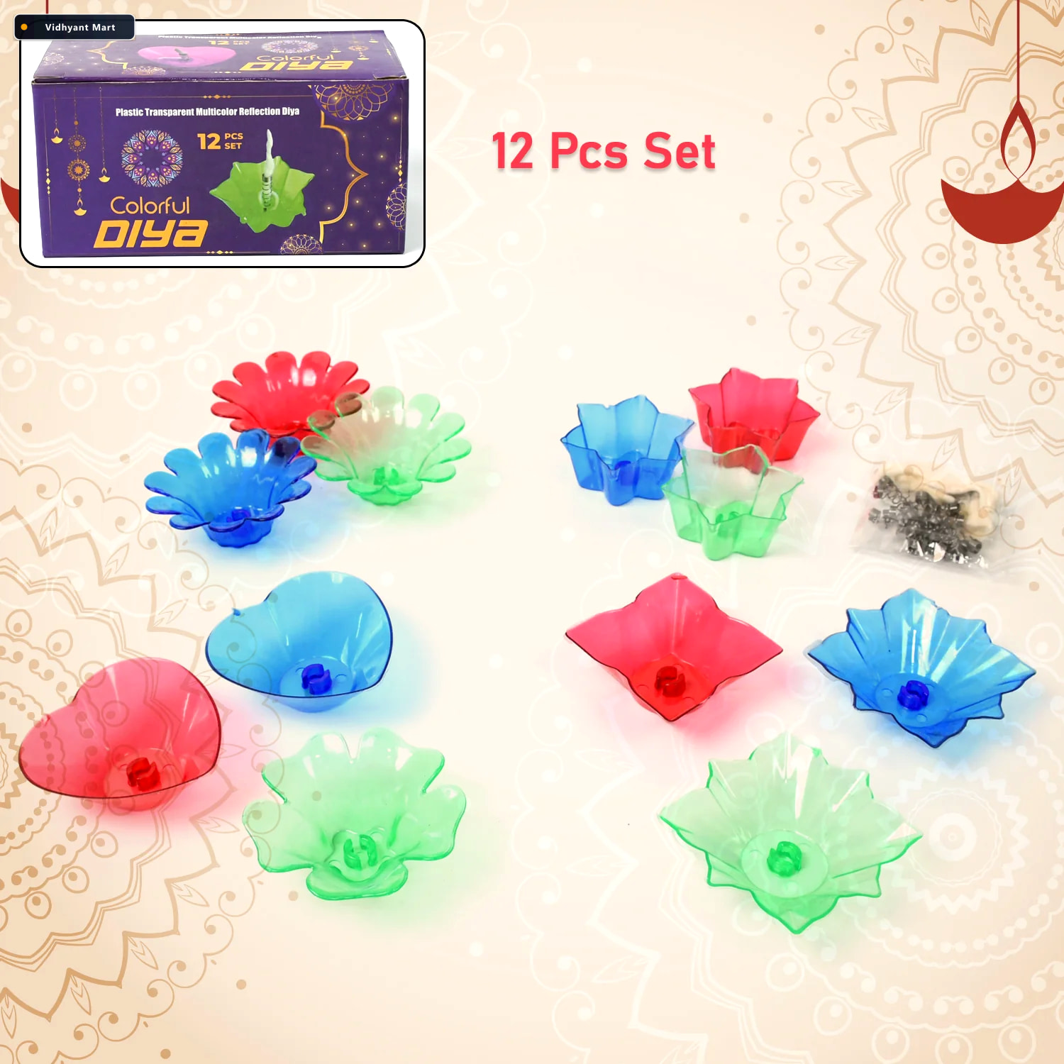 Vidhyant Mart Reflection Diya Set Colourful Plastic Diyas 12 Pcs 3