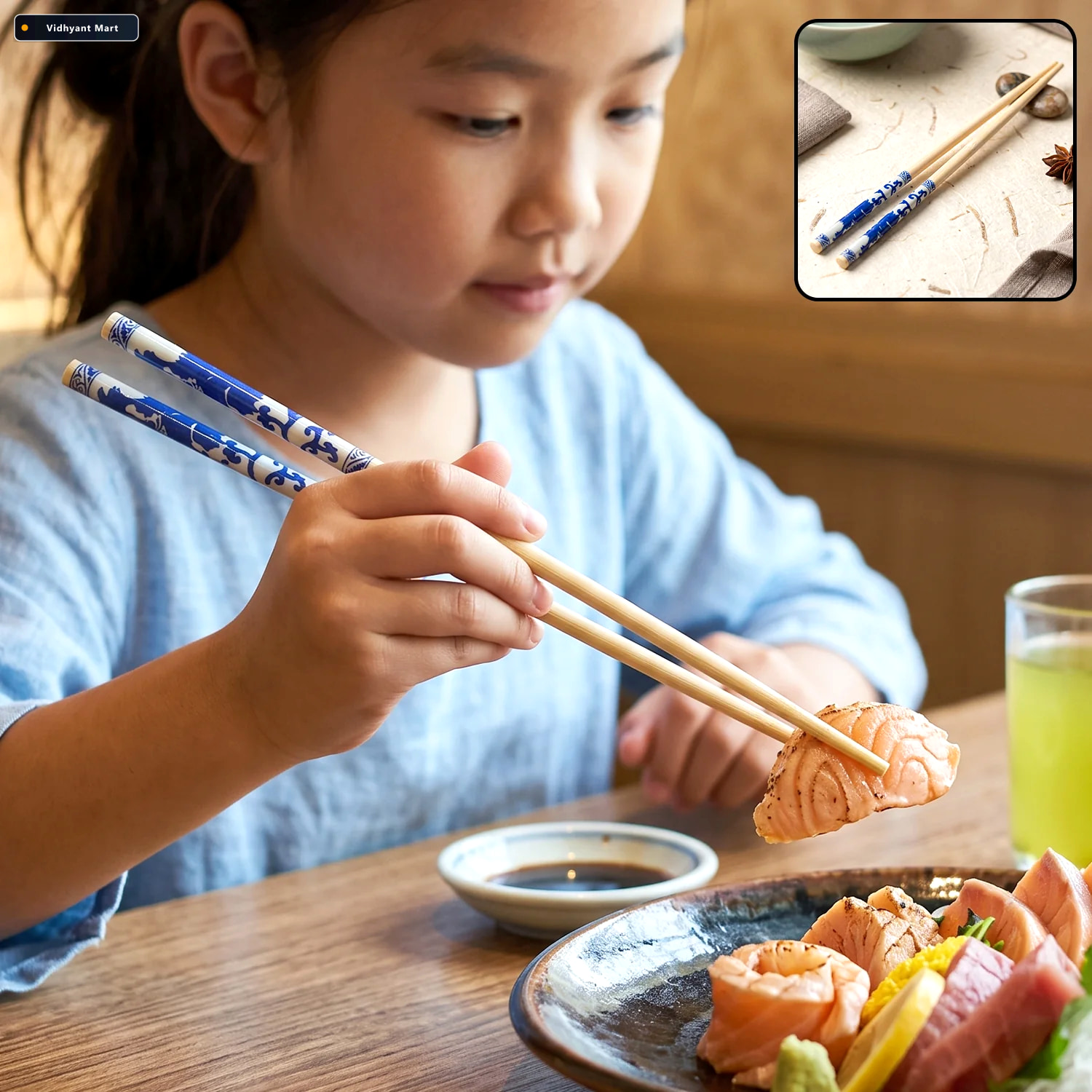 Vidhyant Mart Reusable Bamboo Chopsticks With Blue Chinese Print 1