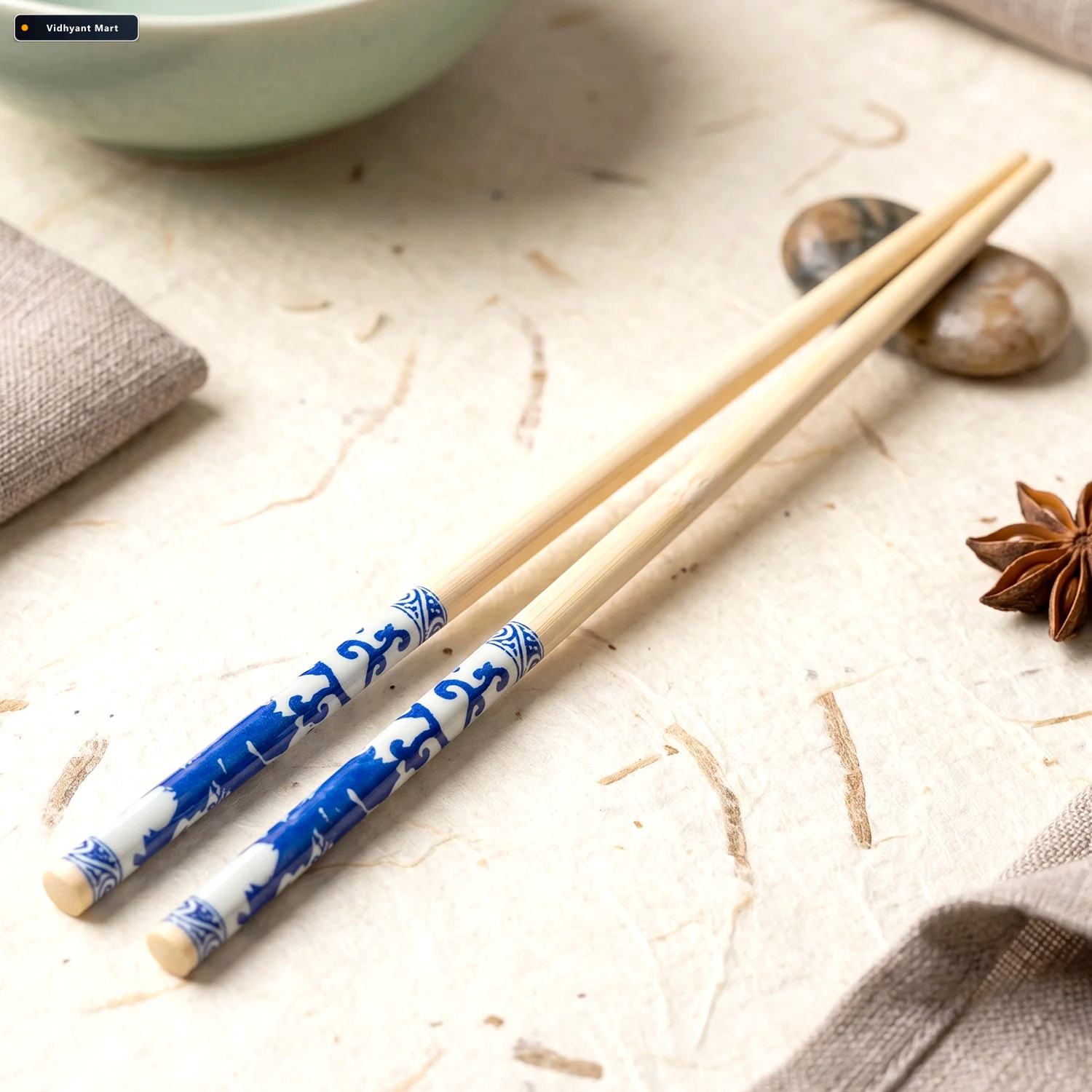 Vidhyant Mart Reusable Bamboo Chopsticks With Blue Chinese Print 2