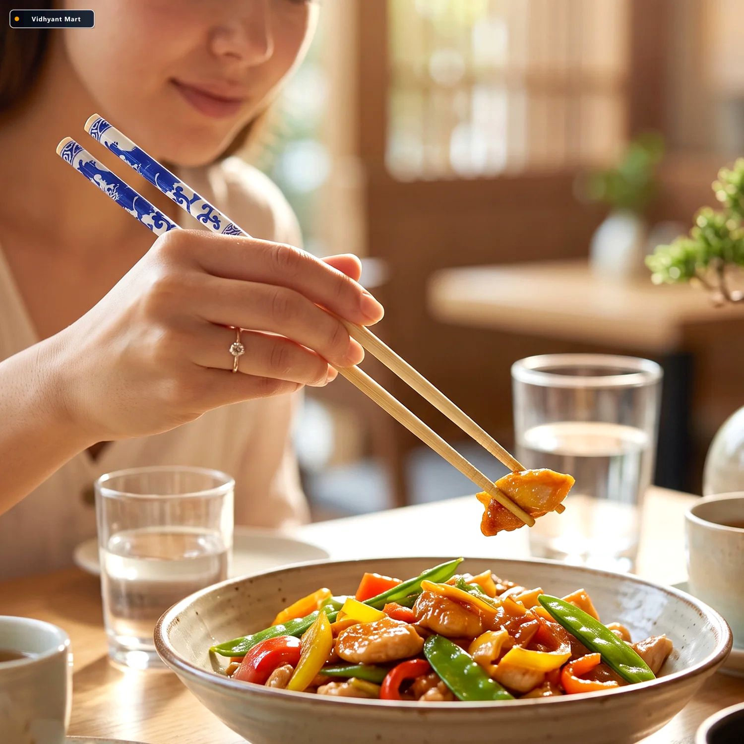 Vidhyant Mart Reusable Bamboo Chopsticks With Blue Chinese Print 3