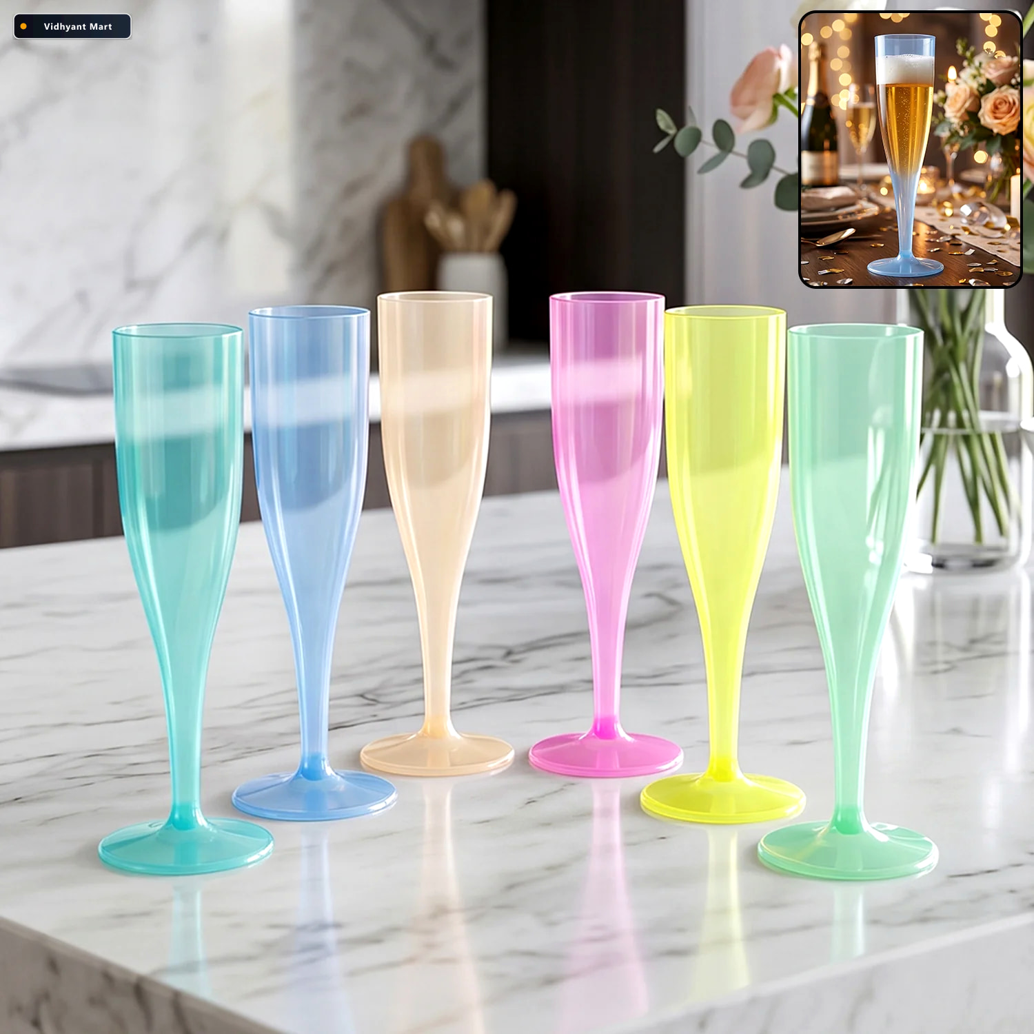 Vidhyant Mart Reusable Plastic Champagne Flutes Wine Glasses Set 1