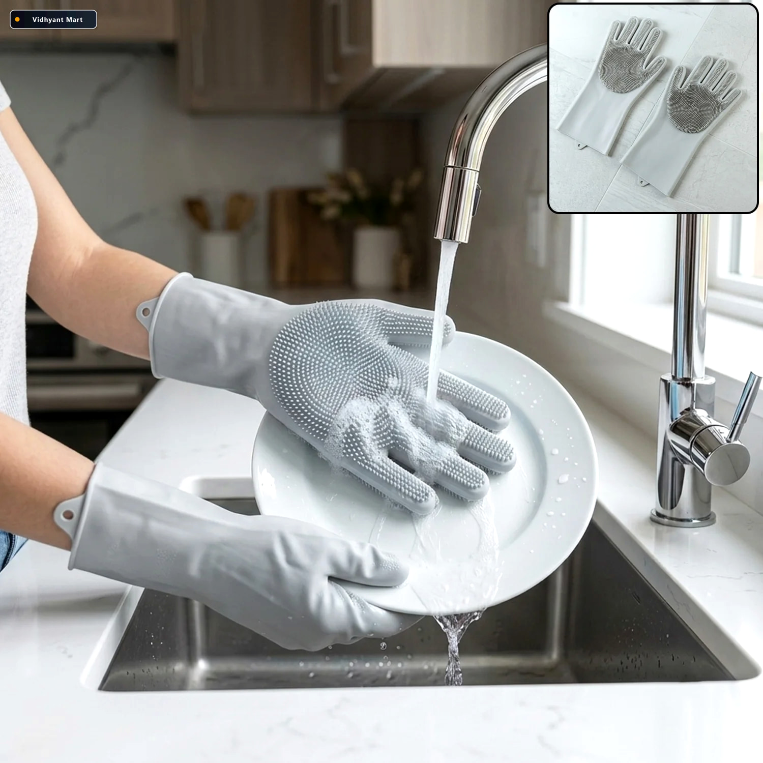 Vidhyant Mart Reusable Silicone Cleaning Gloves With Scrubbing B 1
