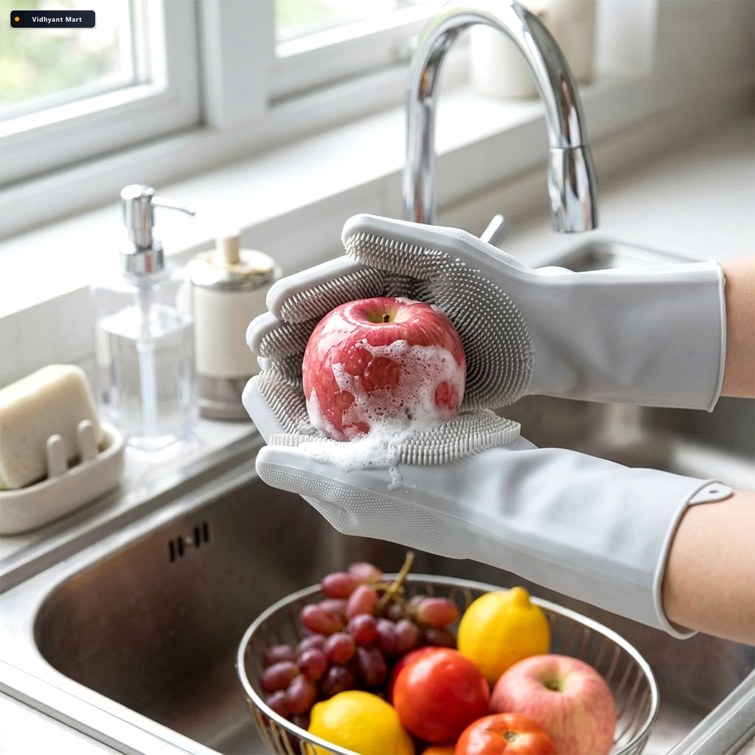 Vidhyant Mart Reusable Silicone Cleaning Gloves With Scrubbing B 2