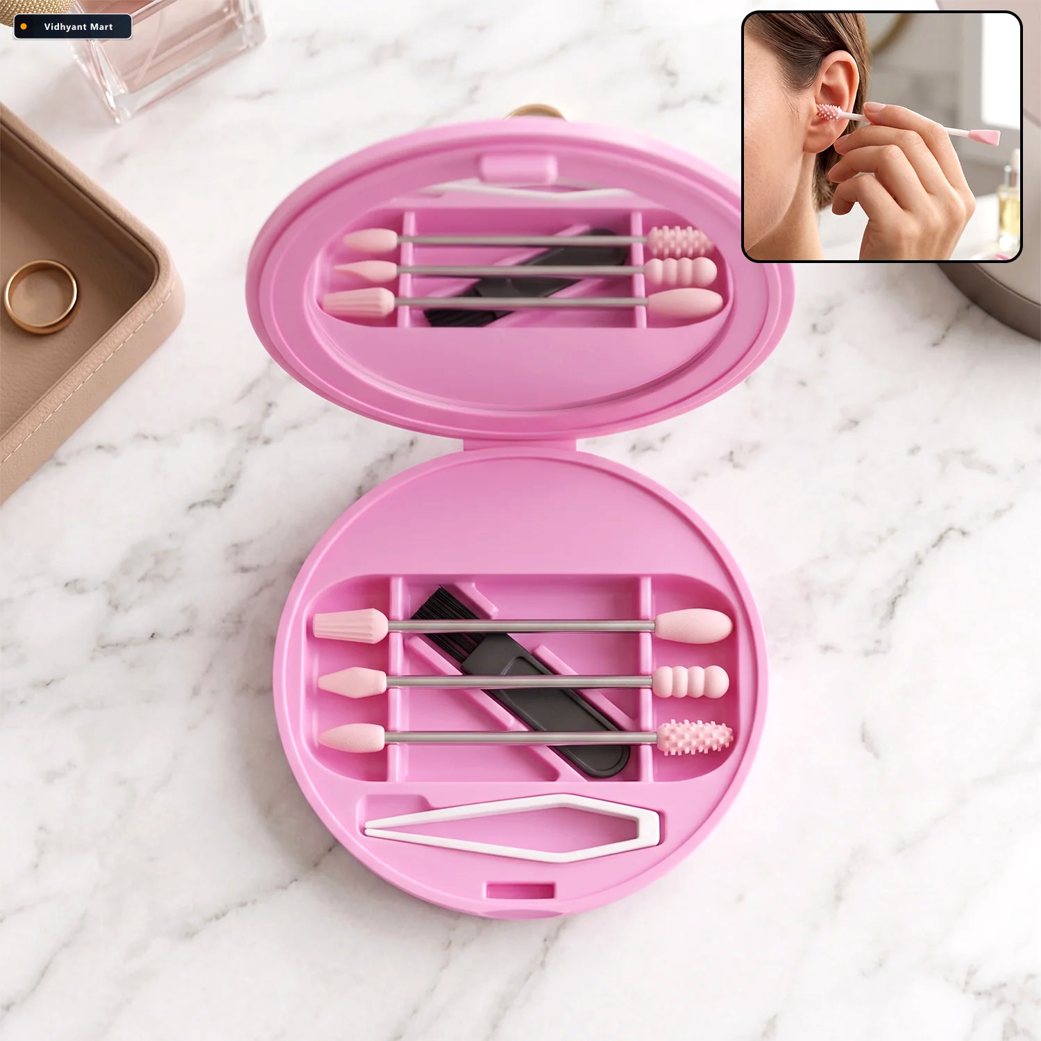 Vidhyant Mart Reusable Silicone Cotton Swab Set With Mirror Case 1