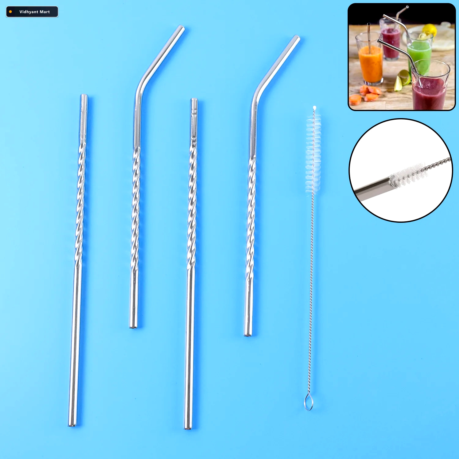 Vidhyant Mart Reusable Stainless Steel Straws Set Of 4 With Brus 1