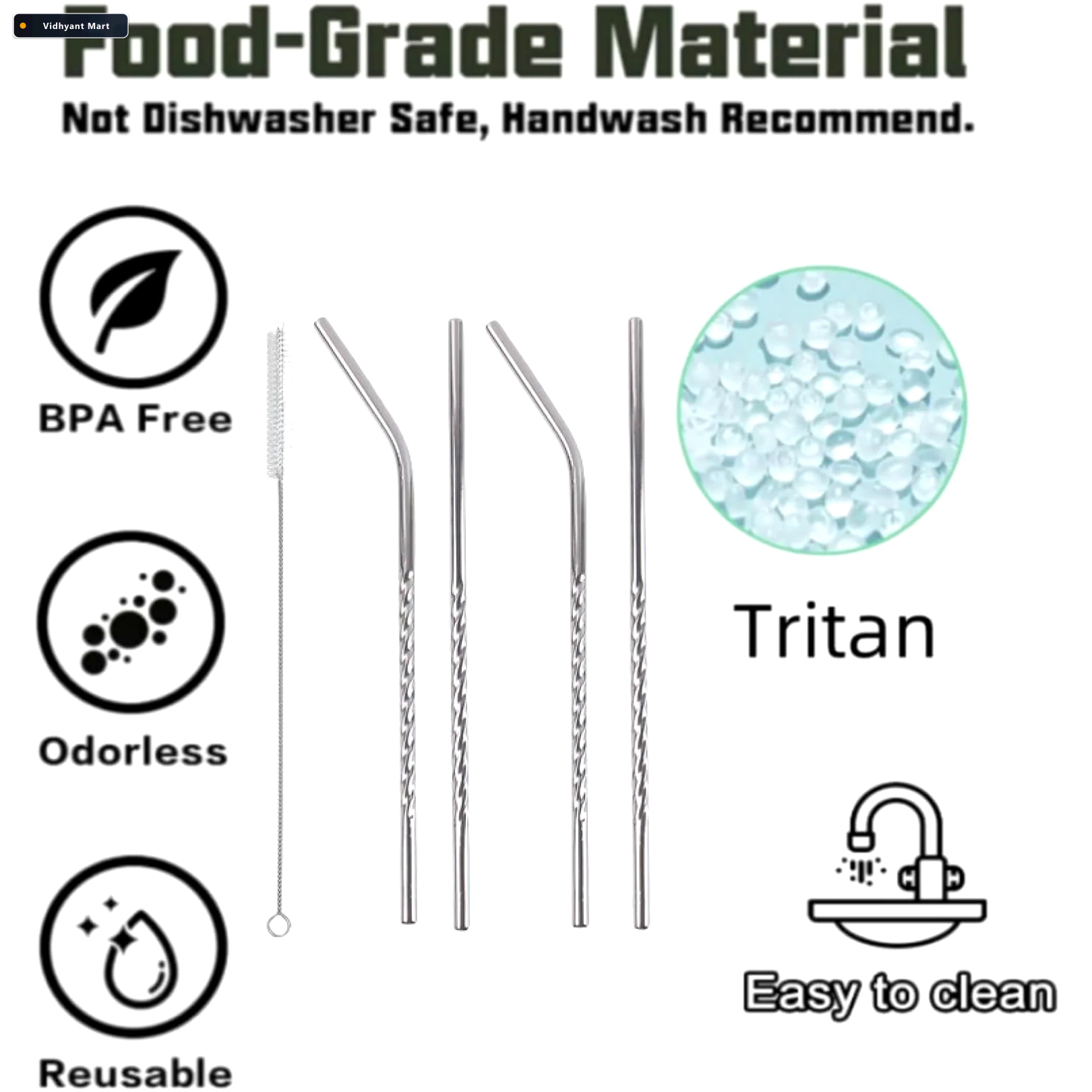 Vidhyant Mart Reusable Stainless Steel Straws Set Of 4 With Brus 2
