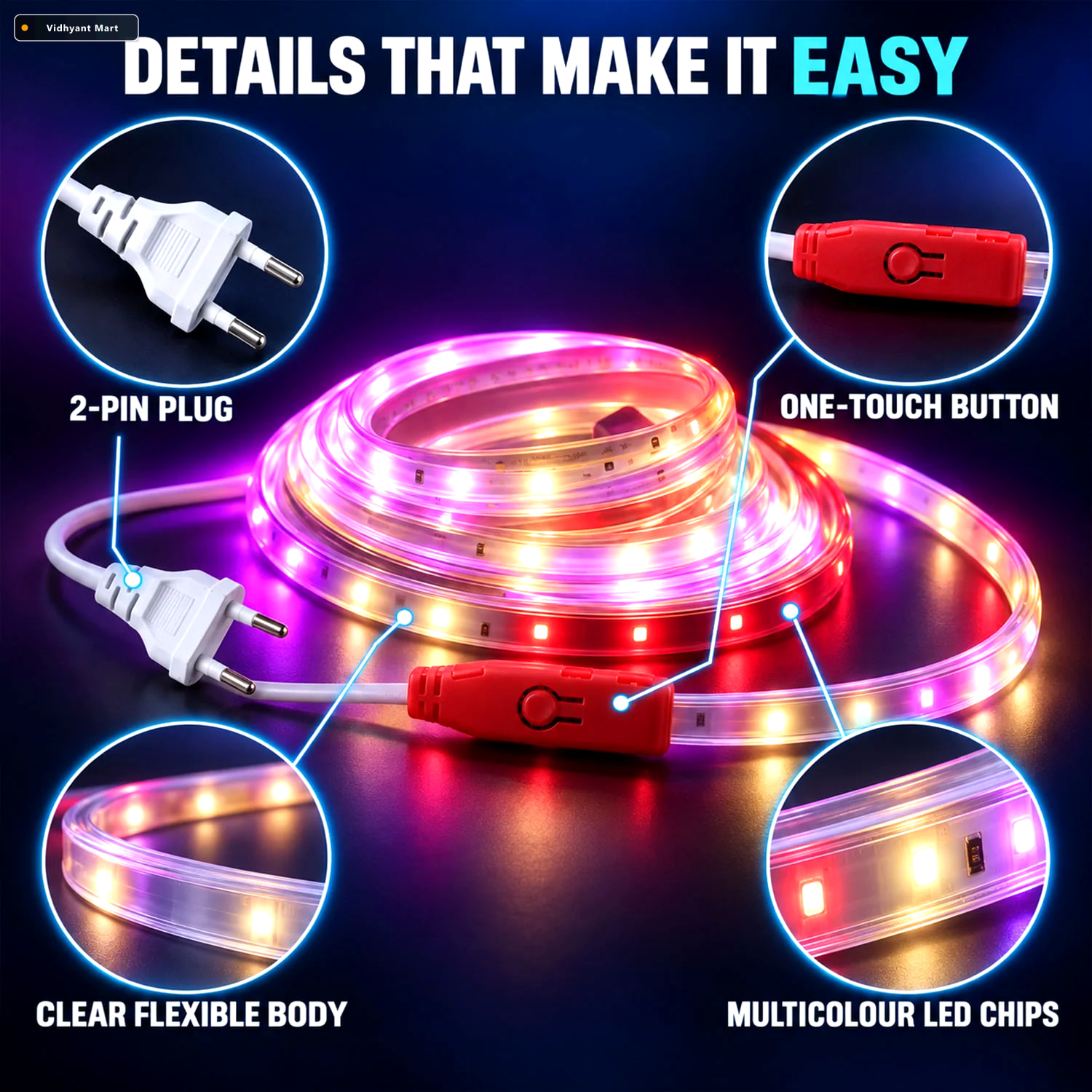Vidhyant Mart Rgb Decorative Led Running Rope Light With Inline 2