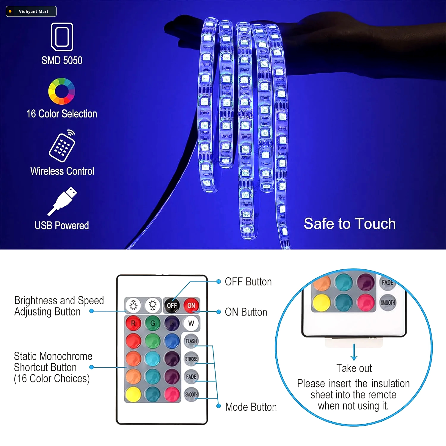 Vidhyant Mart Rgb Led Strip Lights 3m Multi Colour Usb With Remo 2