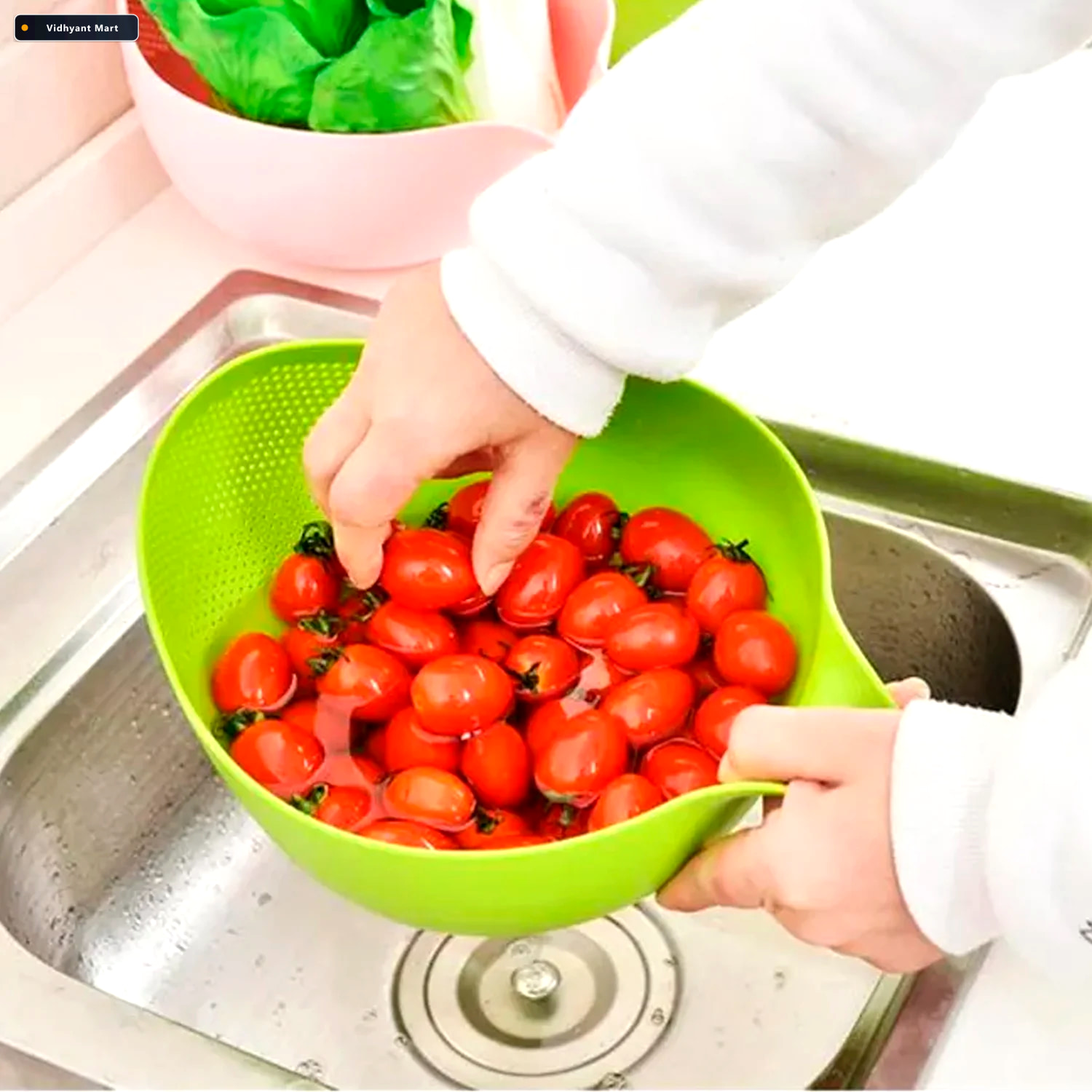Vidhyant Mart Rice Washing Bowl Thick Drain Basket With Handle Q 1