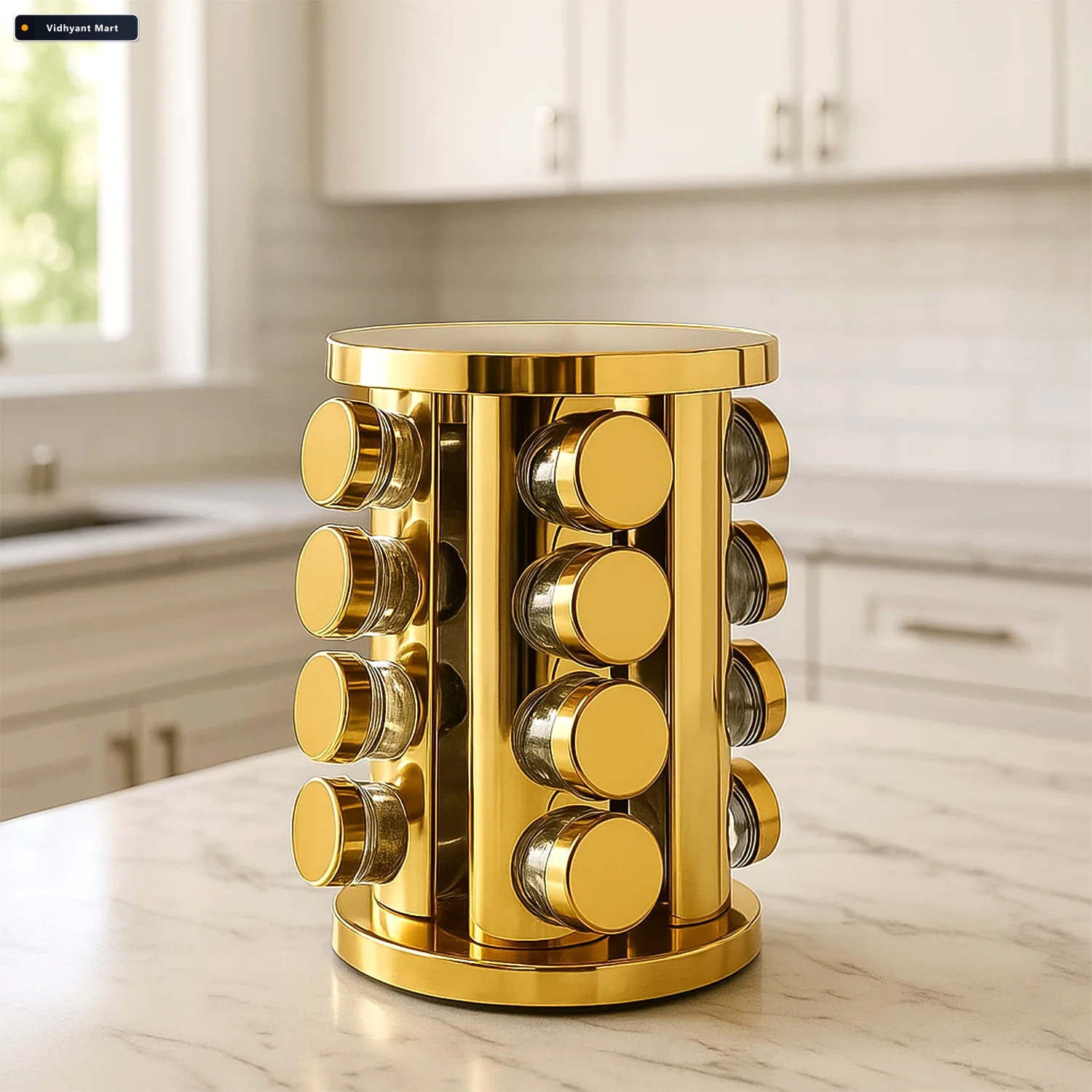 Vidhyant Mart Rotating Spice Rack Led Illuminated 16 Jars Golden 1