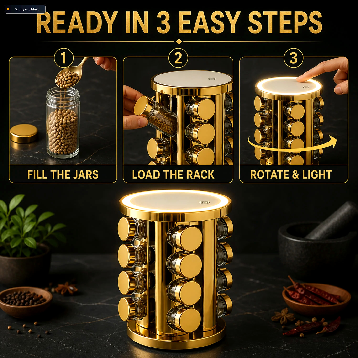 Vidhyant Mart Rotating Spice Rack Led Illuminated 16 Jars Golden 2