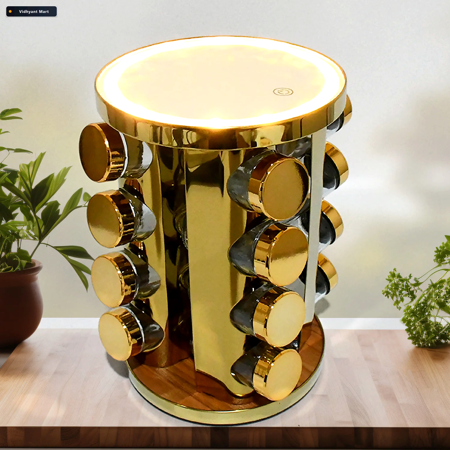 Vidhyant Mart Rotating Spice Rack Led Illuminated 16 Jars Golden 3